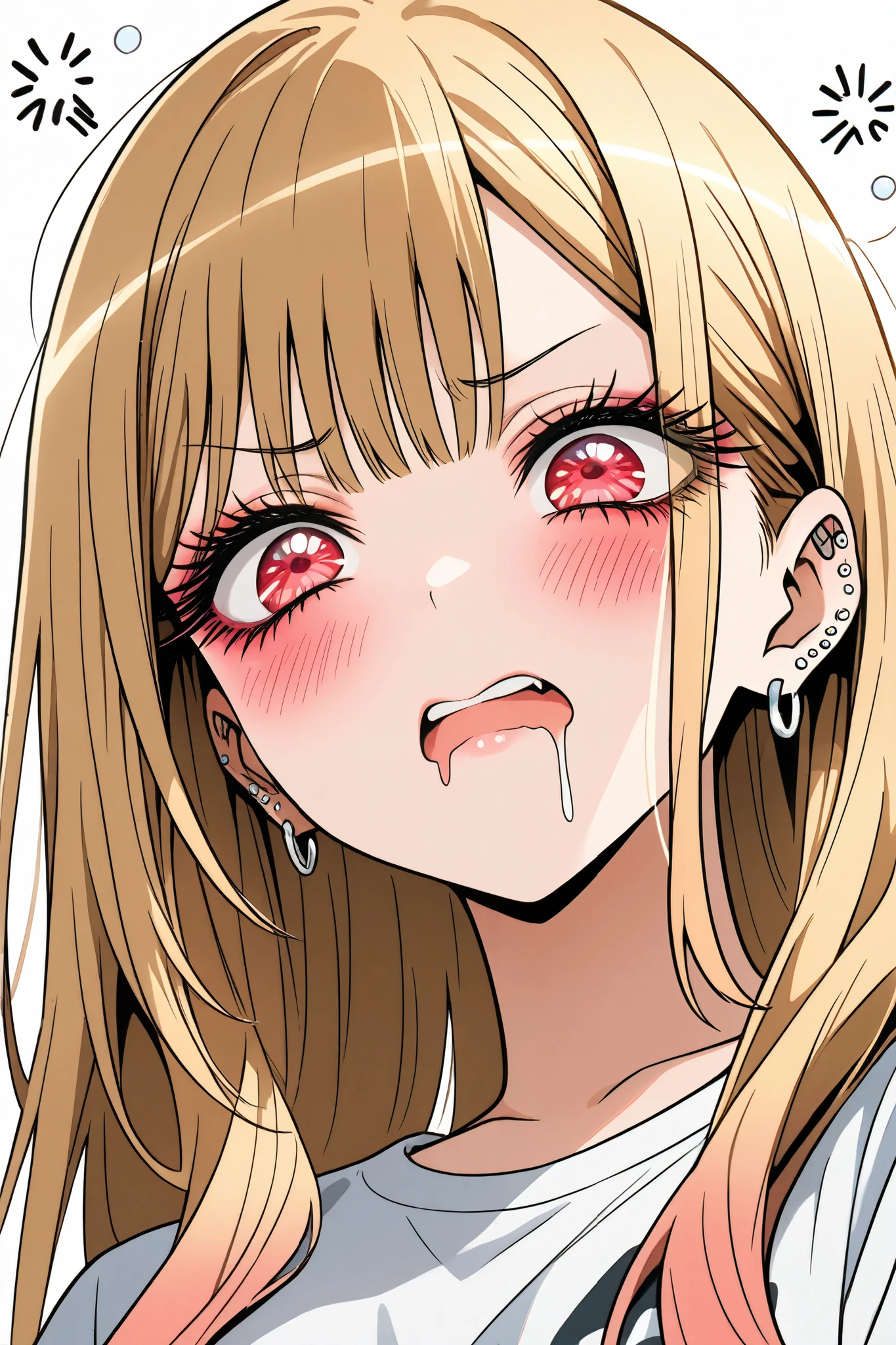 marin_kitagawa,1 female,solo,pretty,
white background,
upper body,from below,
blonde,long hair,side part bang,cut bangs,
colored inner hair,
red eyes,beautiful eyes,
big eyes,slant eyes,sleepy eyes,
long eyelashes,
white shirts (1.3),
sulk,angry,blushing,drooling,tearful eyes,
perfect face,beautiful skin,
anatomically correct,highest quality,
masterpiece,high image quality