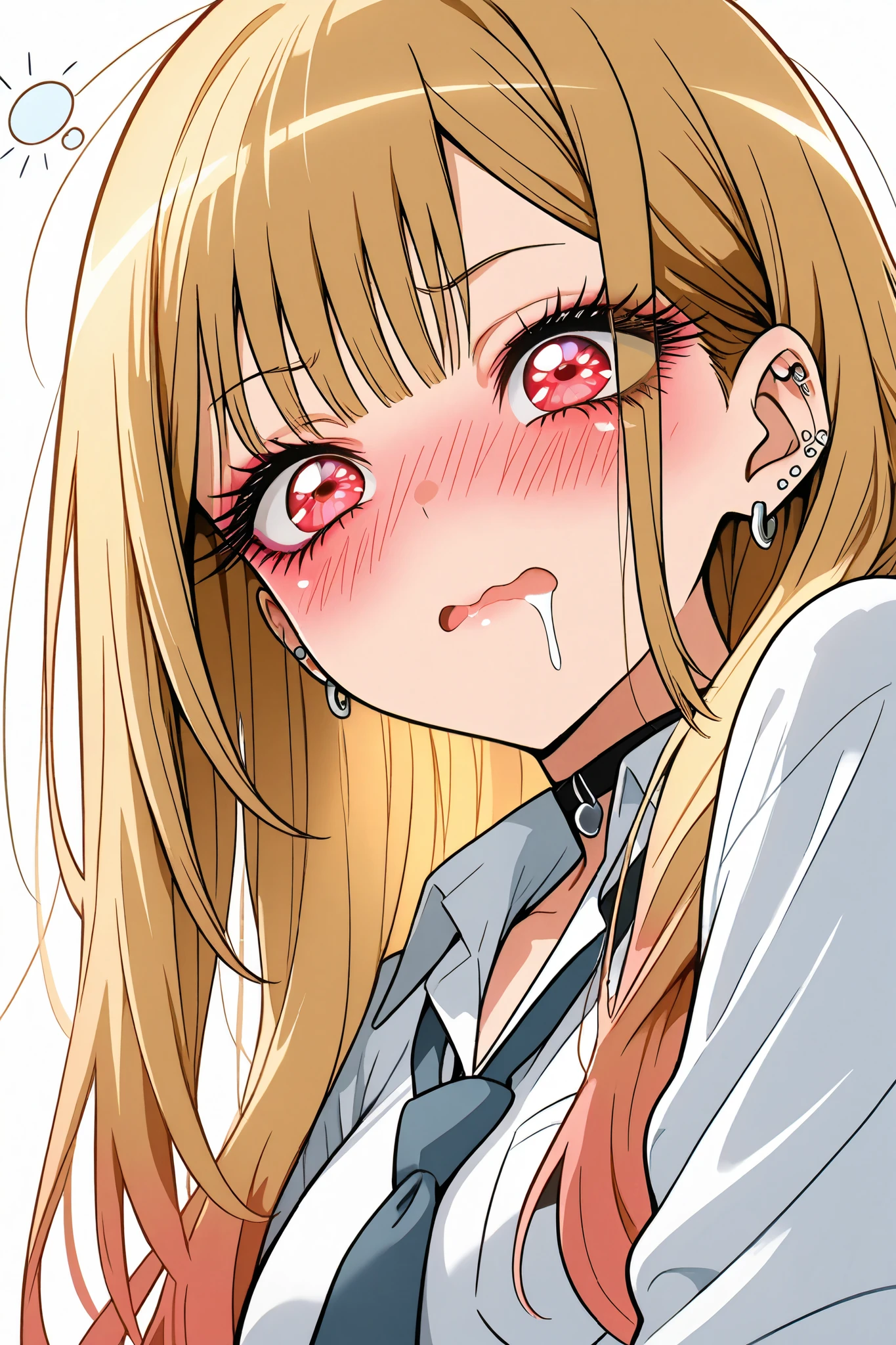 standing, leaning forward, shiny skin, tongue out of mouth, blush, sexy body, defined body, perfect eyes, tongue out, blush, crossed eyes