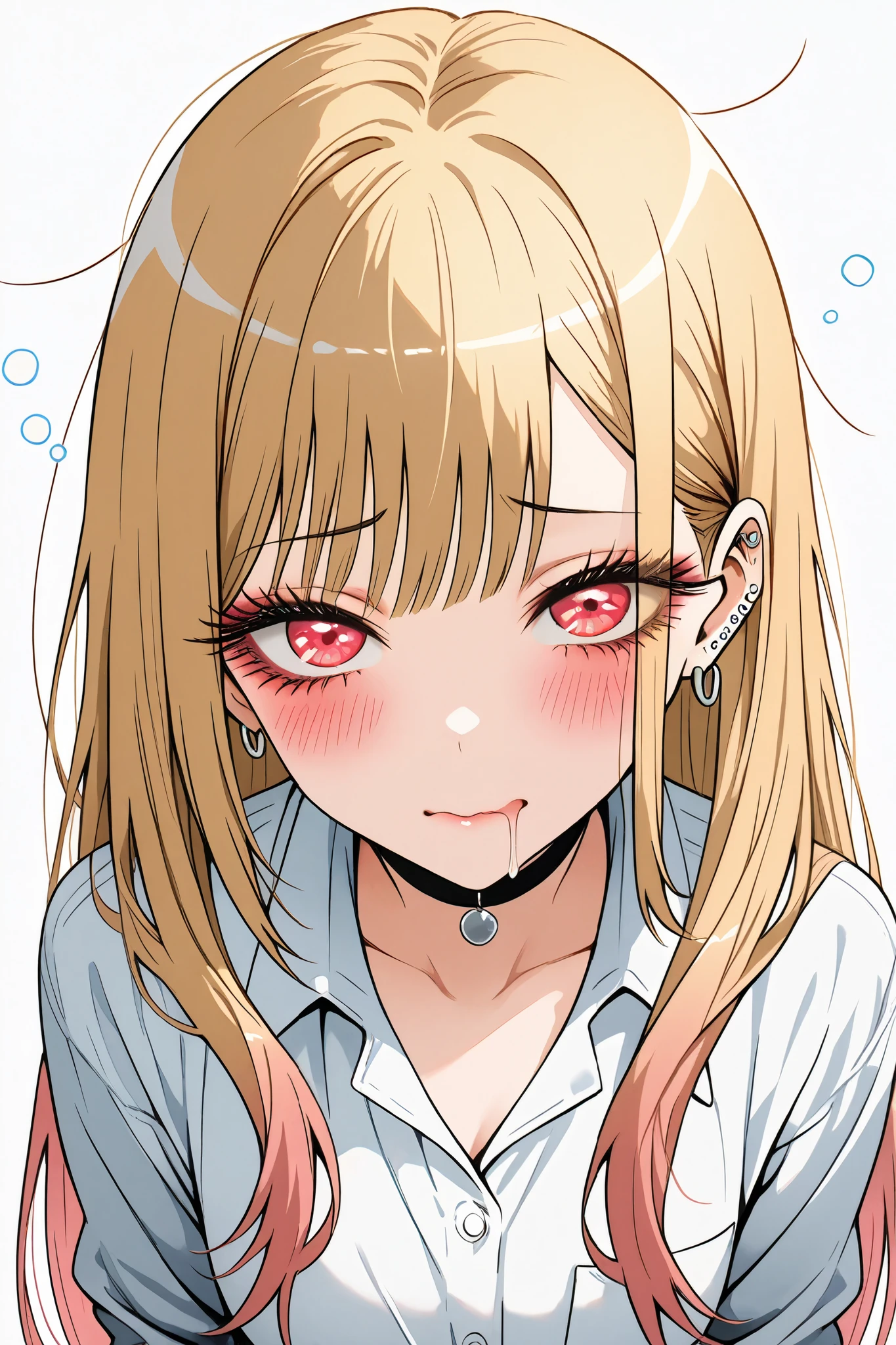 marin_kitagawa,1 female,solo,pretty,
white background,
upper body,from above,
blonde,long hair,side part bang,cut bangs,
colored inner hair,
red eyes,beautiful eyes,
big eyes,slant eyes,sleepy eyes,
long eyelashes,
white shirts (1.3),
sulk,hangly,blushing,drooling,tearful eyes,
perfect face,beautiful skin,
anatomically correct,highest quality,
masterpiece,high image quality