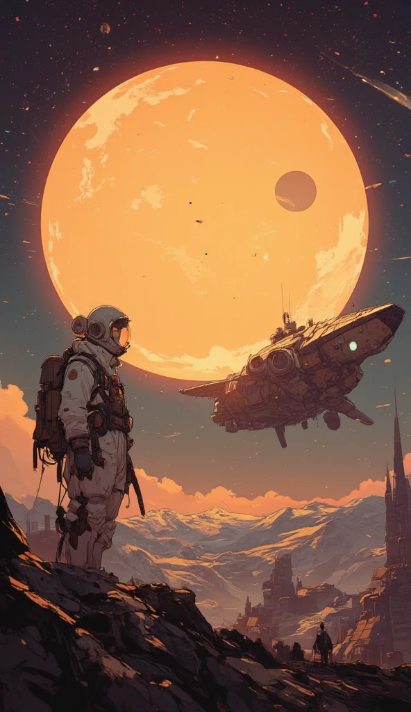 (masterpiece), (best quality), (best detail), (distant general view), (postage stamp),(main color of illustration: pastel blue), (secondary color: saturated dark pink), a military teenager with defiant posture, vintage advertising poster with Soviet-style letters 60', futuristic western scenery, night (sky with many stars), shading (detailed, much contrast), very saturated pulp colors