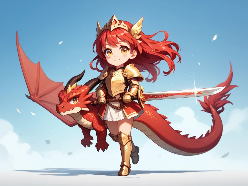 Gigantic red female dragon with golden crown ,small girl knight