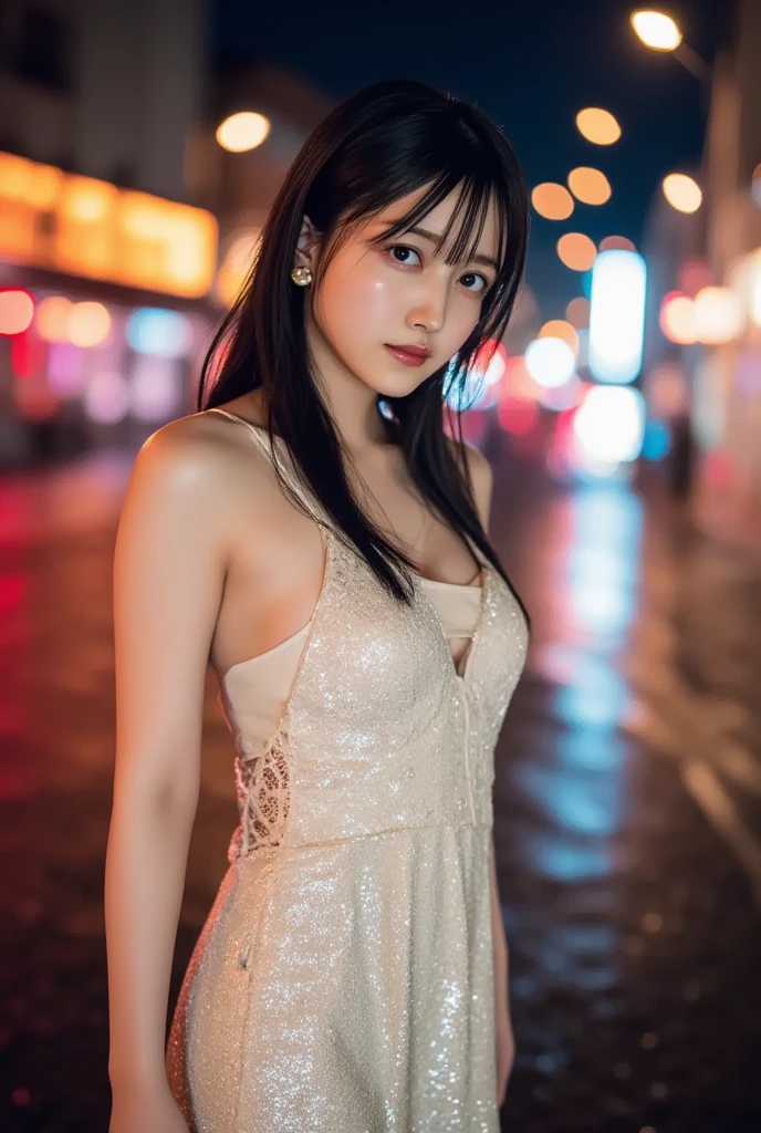 (8k, RAW photo, best quality, masterpiece:1.2), (realistic, photo-realistic:1.37),st. louis \(luxurious wheels\) \(azur lane\),1girl,(Kpop idol), (aegyo sal:1),hair ornament, portrait, lace dress:1.1), white ,cute, night, rain, wet, professional lighting, photon mapping, radiosity, physically-based rendering,