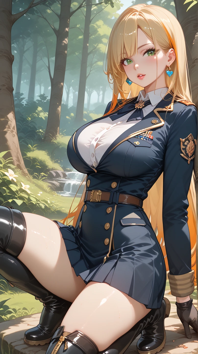(((Beautiful nipples)、huge tit、Large areola、shinny skin))、hightquality、hight resolution、masterpiece、foco nítido、photographrealistic、Raw photography、lighting like a movie、Photorealistic portrait of stunningly beautiful woman、cowboy shot、upper body of blonde woman、face lights、High brightness、detailed symmetric realistic face、Highly detailed natural textures、ighly detailed、finely detail、palace musketeer uniform、gothic intricate pattern、cavalry hat、long boots