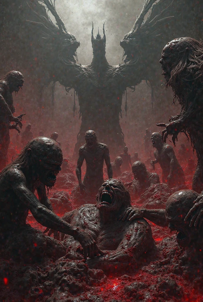 there is a large group of zombies in a room with a man, hyperrealistic hell, flesh - eating, bikini. background of hell. gore, sickened flesh decay, grotesque hell, disturbing biohorror saliva, pushead art, rotting flesh, real rotten flesh and blood, still life of rotten flesh, bloody river in hell, detailed 4k horror artwork