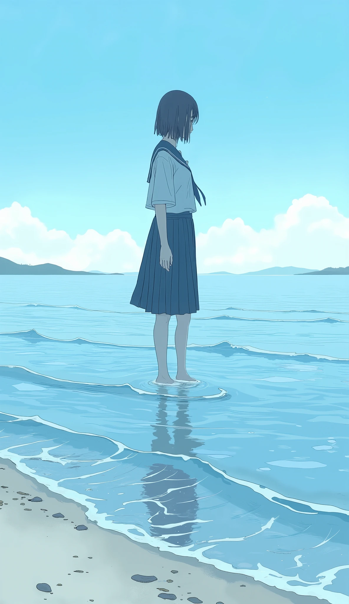 A woman stands in the water on the beach, Picture inspired by Miyagawa Nagaharu, Tumbler, what is it?, loose coat collar sailor suit, Seifuku, sailor suit, Japanese Female Student Uniform, In the sea, wearing Japanese Language School Uniforms, Japanese Language School Uniforms, At sea, An animated girl walks on water, The girl is watching the ocean waves