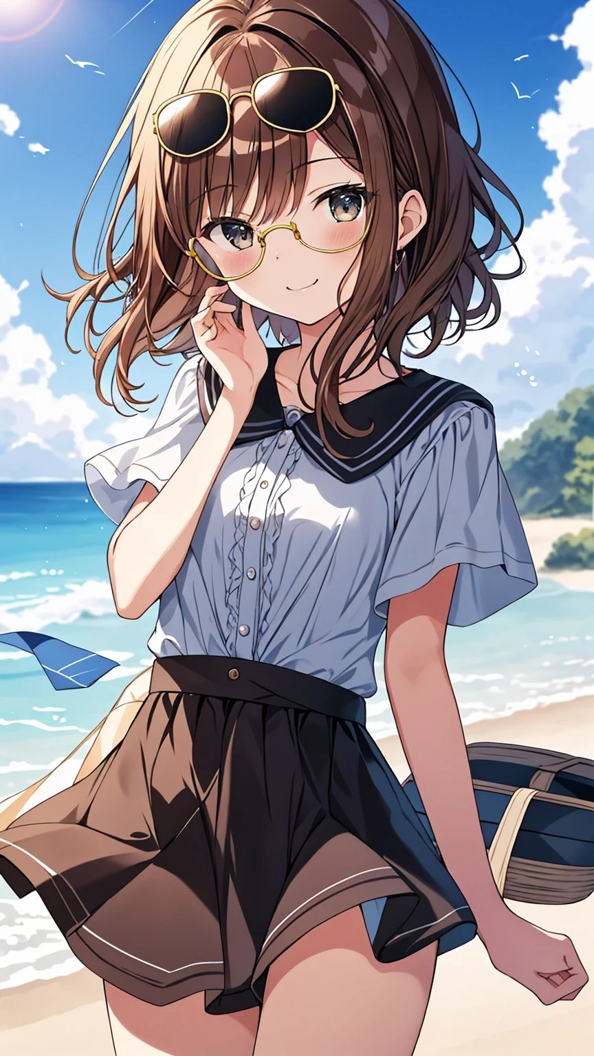 top quality, Masterpiece, ultra high resolution, 8k,Summer sky,early summer,((Summer clothes)), show anime style , One, Softline Art , DIGITAL ENHANCEMENT , shojo anime touch, shojo manga core, Flowing fabric, close, Soft Drawing, ultra-high definition digital animation art , Clear Face Description , Super Detailed Girl Cartoon Character Art, Ultra Detailed Manga Style , top qualityの色,
( short brown hair ), wet hair,((wares black sunglasses)),Staring at us from the front, Please show me your beautiful brown hair, light brown eyes, I've gained a little weight, small breasts, butt is small ,((( Don't Fidget Smile ))),hand, Natural Scenery, look up at the sky, angles where you can see everything down to your feet