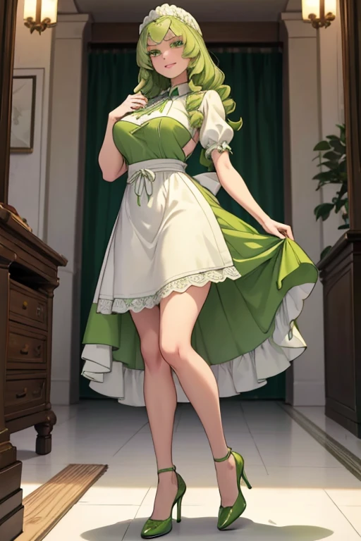 (masterpiece), best quality, perfect face, 1girl, mature woman, leaning forward, long grey hair, large breasts, hanging breasts, cleavage, narrow waist, lolita, ((ultra short skirt:1.2)), choker, very small shirt, green skirt, full body, white high heels, garters, lace stockings,long and slender legs, beautiful legs,erotic