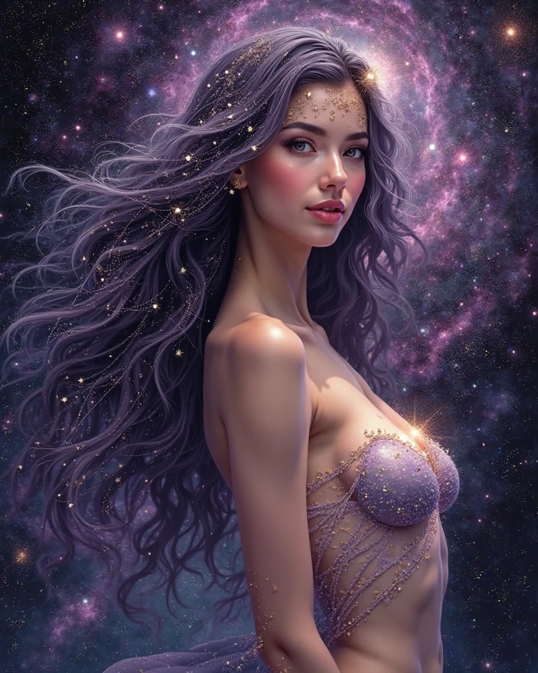 "Beautiful ethereal young woman with flowing hair, standing amidst a swirling cosmic nebula, magical sparks and stardust surrounding her, dreamy and enchanting atmosphere, high detail, photorealistic quality"