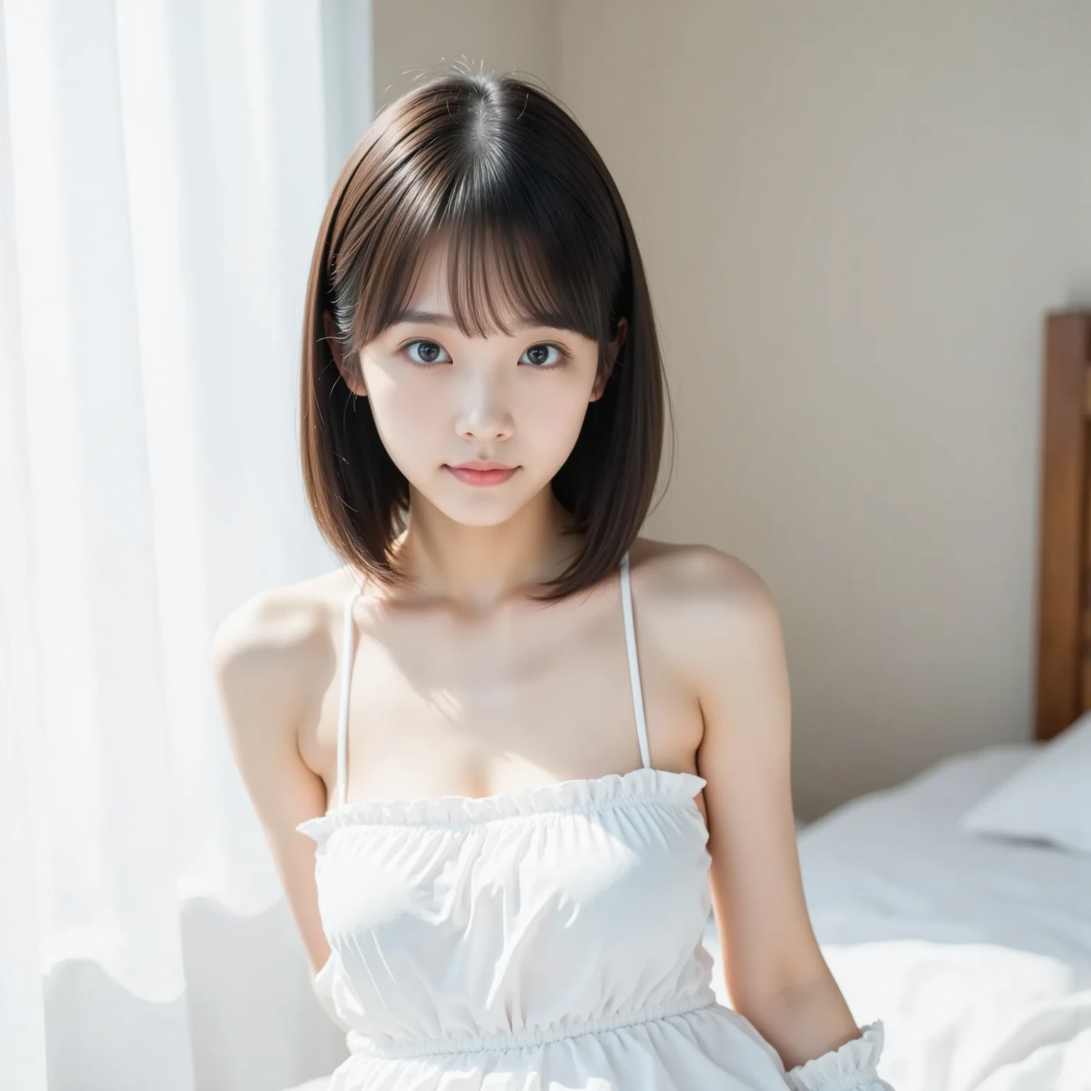 (Highest quality, masterpiece, Ultra-high resolution, 8k, RAW Photos, Realistic, Anatomically correct:1.5), 20-year-old girl:1.2, Embarrassing, avert your eyes, blush:1.0, View Viewer, ((bar)) 、Large windows、Night view、 Light:1.2, Bokeh, Cinema Lighting:1.0, Depth of written boundary, sharp、 Cute Face、Idol、(Black short sleeve lace top)、(Black tulle skirt)、Shiny clothes、”dwarf”、(Floral clothes)、(Full Body Shot)、Side angle、Cowboy Shot、(( smile))、((Ultra short hair、Berry Short))、(Straight bangs)、((See-through))、(( One Girl))、Waist、I can see your thighs、(Shot from behind)、