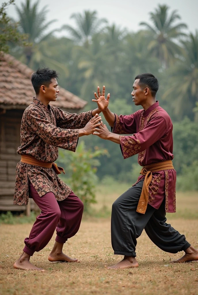 ( photo realism 1.2) photo realistic high detailed two Malay male with tradition outfit fighting at ground dramatic cinematography action thriller