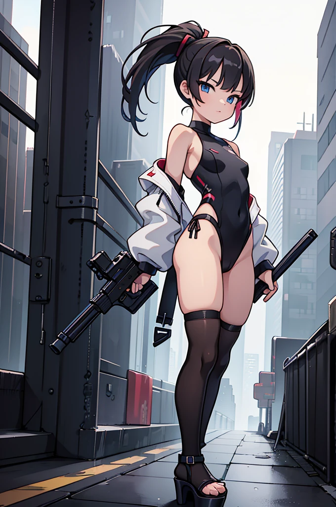 takeda hiromitsu style,(((masterpiece, highest quality:1.3,absurdres))),cowboy shot,20 year old beauty,solo,((very small head)),short bob hair,bangs,dark brown hair,brown eyes,blush,medium breasts,((very long body)),((slender body)),skinny,gleaming skin,shiny skin, Black turtleneck、No sleeve、Crop length、navel、Black micro mini shorts、With a rifle、Aim at the target、excluding sight、Accurately rendered guns、rooftop of high-rise building、Tokyo、moonlight、