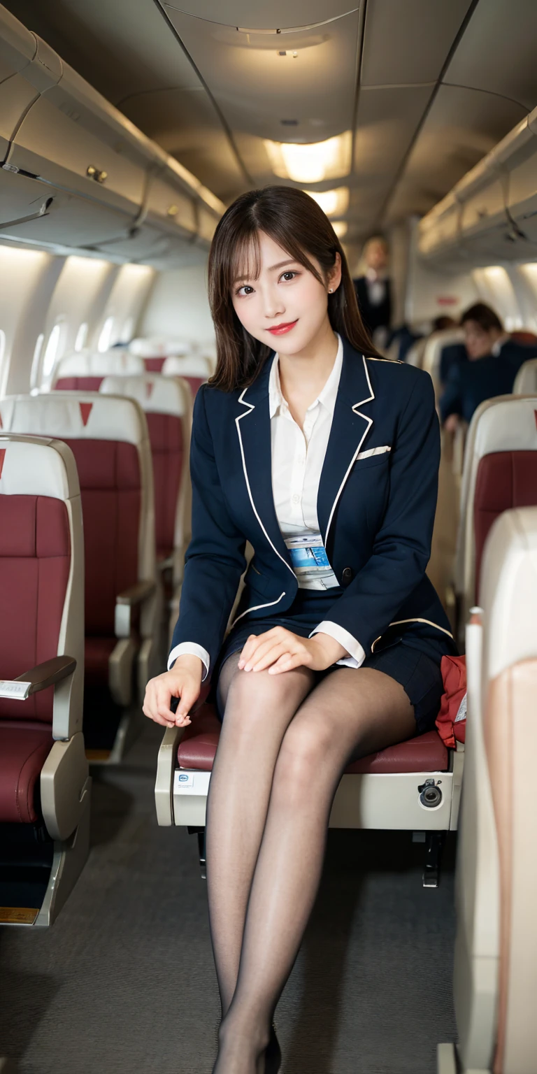 highest quality、table top、8k、best image quality、Award-winning work)、one beautiful woman、radiant beautiful skin , masterpiece、top-quality、The ultra -The high-definition、depth of fields、lens flare 1 girl、、brown hair, watching at viewers glares, large breasts , stewardess uniform, (ivory stewardess blazer:1.2), short ivory skirt, (white ysl high heels), perfect legs, model pose, view from below, smiling , flight cabin
