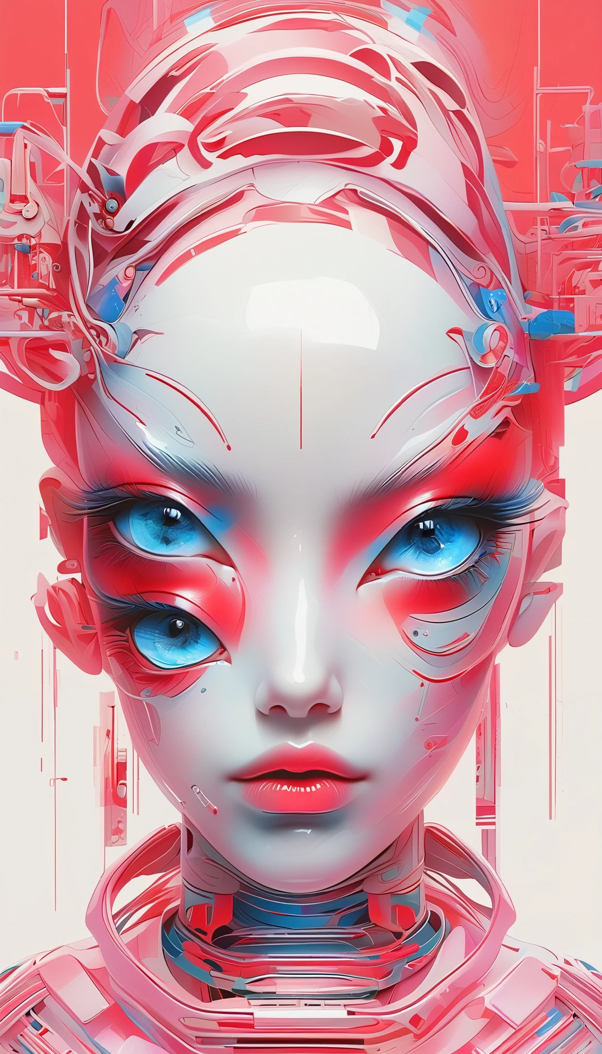 A cybernetic eye / mechanical prosthetic eye ,Mechanical sensing eye,Klein Blue,Future Guofeng Machinery Princess,红装古韵与mechanical aesthetics交织的奇幻视觉精美细腻,8K Ultra HD only,hyperrealistic,Strange and charming,Gorgeous,Sci-fi future,mechanical aesthetics, Chinese style,Red classic,Noble and elegant,Full of power,Artificial intelligence has a pair of mechanical eyes, 3D illustrations of the upper body and face of a human body model, gradient background, soft color palette , pink blue, Minimalism, and surrealism, private