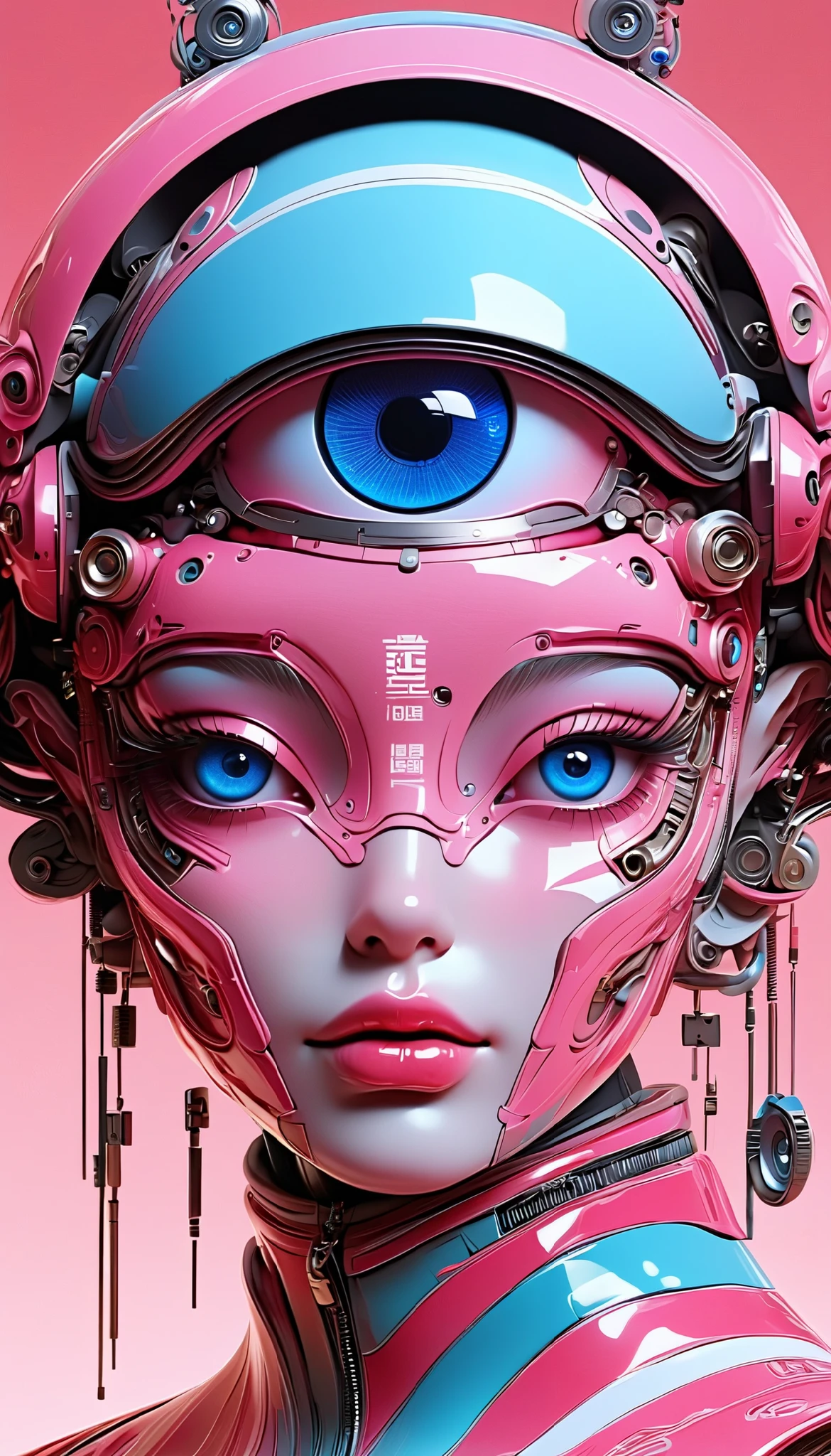 A cybernetic eye / mechanical prosthetic eye ，Mechanical sensing eye，Klein Blue，Future Guofeng Machinery Princess,红装古韵与mechanical aesthetics交织的奇幻视觉精美细腻,8K Ultra HD,hyperrealistic,Strange and charming,Gorgeous,Sci-fi future,mechanical aesthetics, Chinese style,Red classic,Noble and elegant,Full of power，Artificial intelligence has a pair of mechanical eyes, 3D illustrations of the upper body and face of a human body model, gradient background,  soft color palette , pink blue, Minimalism, and surrealism, private 