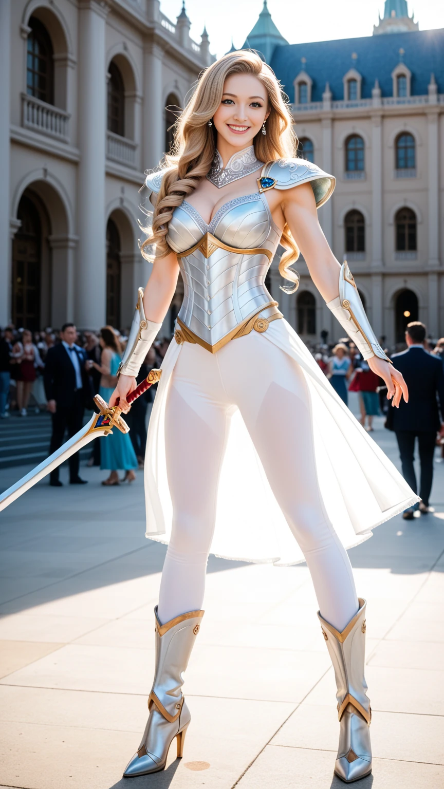 8K,Tall female royal paladin,so beautiful(Like the real thing),Blonde curly hair,smile,Green Eyes,Gorgeous red and white breastplate,Luxury White Combat Pants,Muscular and slim body,Toned Abs,masterpiece,Photorealistic RAW photos of the highest quality。Bright colors,Rich colors, Backlight, Cinema Lighting, Film Grain, to be born, 50mm lens, Nikon D850,Realistic Skin,Fantasy art,Character Art,Ultra-high resolution,Realistic scale skins,Perfect hand shape,View your viewers,Royal Palace Courtyard,long, Silver sword on waist.,Luxurious white shoulder pads,Luxury White Gauntlets,luxurious white waist armor,Luxurious white leg armor,Makeup,smile,