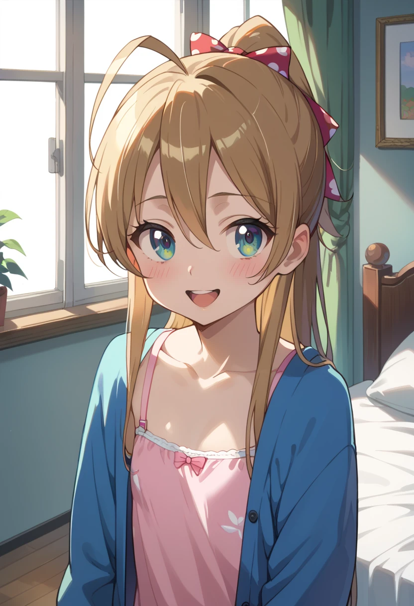 a close up of a cartoon  bare chest with an eye drawn on it, 1girl, breasts, , smile, solo, grin, dress, selfie, blush, small breasts, flashing, no bra, white dress, collarbone, head out of frame,babyte,Ichigo Hoshimiya (Aikatsu!),,downblouse, loose t-shirt, leaning forward,inverted_nipples, 