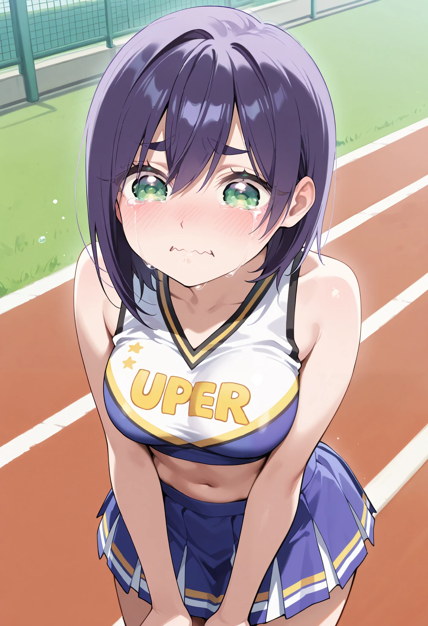 masterpiece, best quality, amazing quality, very aesthetic, absurdres,
EBKurumi, 1girl, solo, short hair, purple hair, thick eyebrows, green eyes, medium breasts,(aged up:1.2),
cheerleader outfit, ultra-short pleated skirt, crop top,crying aqua, crying aqua (meme), crying, tearing up, tears, wavy mouth,uper body,focus face:1.6,