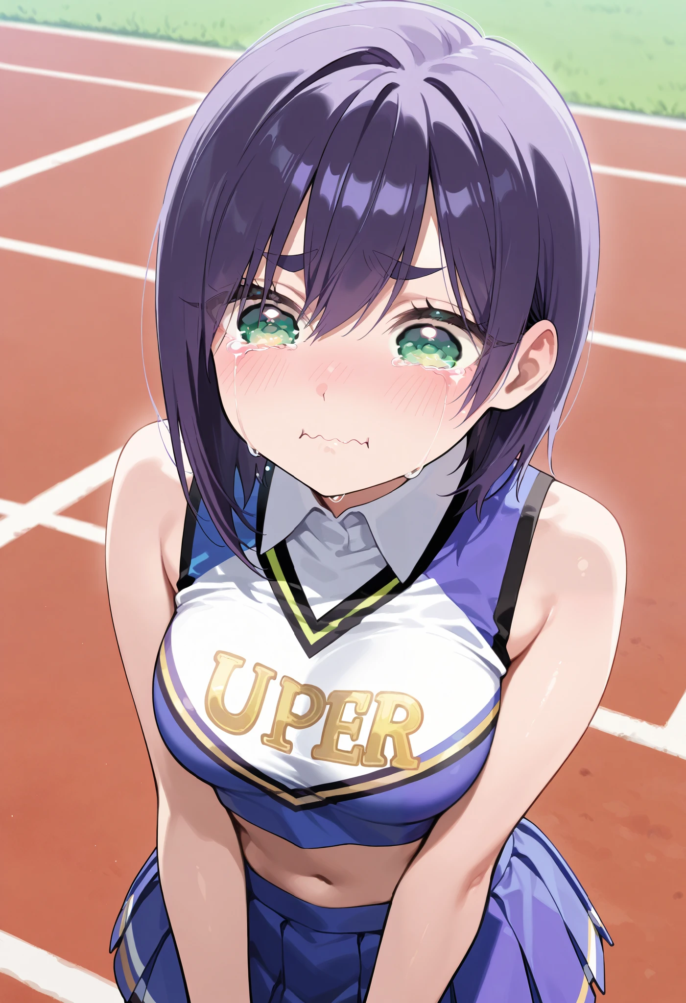 masterpiece, best quality, amazing quality, very aesthetic, absurdres,
EBKurumi, 1girl, solo, short hair, purple hair, thick eyebrows, green eyes, medium breasts,(aged up:1.2),
cheerleader outfit, ultra-short pleated skirt, crop top,crying aqua, crying aqua (meme), crying, tearing up, tears, wavy mouth,uper body,focus face:1.6,