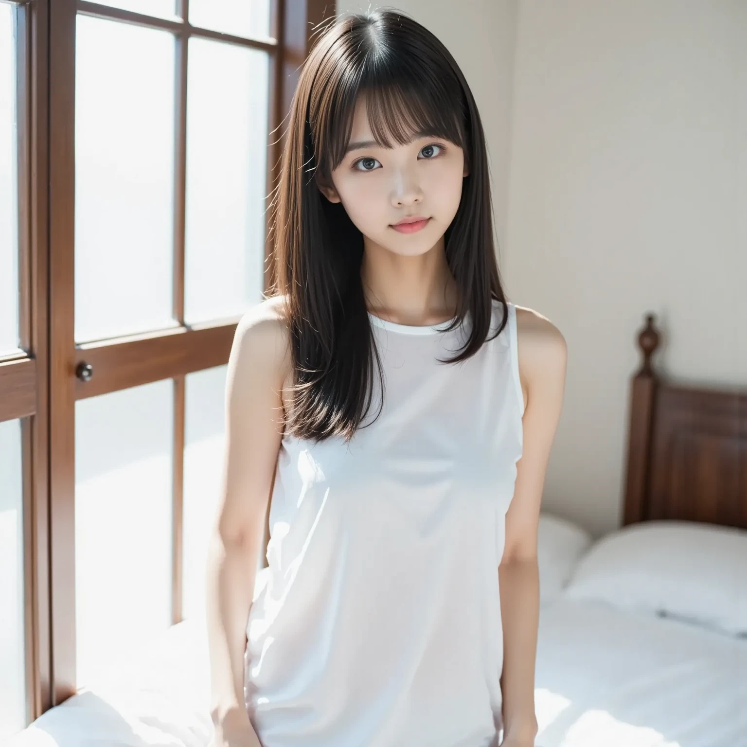 lens: 135mm f1.8,(Highest quality), (Beautiful old Japanese girl), (Moisturized lips), Narrow eyes, double eyelid,Delicate clavicle,Flat Chest,Very short hair,
(Let me me me me'Let me me me'Let me me'Let me'Let's take another look), shame, A faint smile,
(In front of a white wall:1.2), Professional Lighting,
(Japanese 、Sheer white T-shirt), (Sunburned skin:0.2),Full body photo、Full Body Focus、Sit upright in a chair、Beautiful legs、Aligned feet、Ecstasy face、Having an orgasm、Squint your eyes