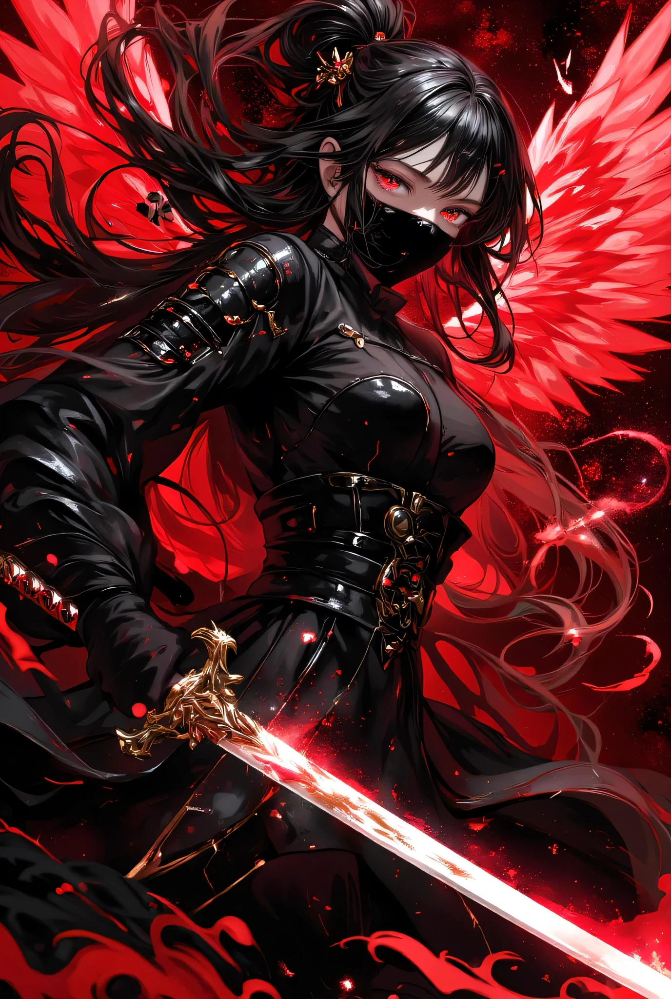 (EyesHD:1.2), masterpiece, best quality, super detailed, very beautiful, sharp concentration, depth of field, Brilliant Color, ray tracing getting creampied, Best lighting, detailed illustration, detailed background, like the movie, beautiful face,beautiful eyes,
1 Female,(((long hair,red eyes))),Ninja,Kunoichi,Assassin,black mask,(((Holding a Sword))),beautiful glowing white sword,Shining Sword,jumping,Action Pose,dynamic pose,
black and red background,with red phoenix,