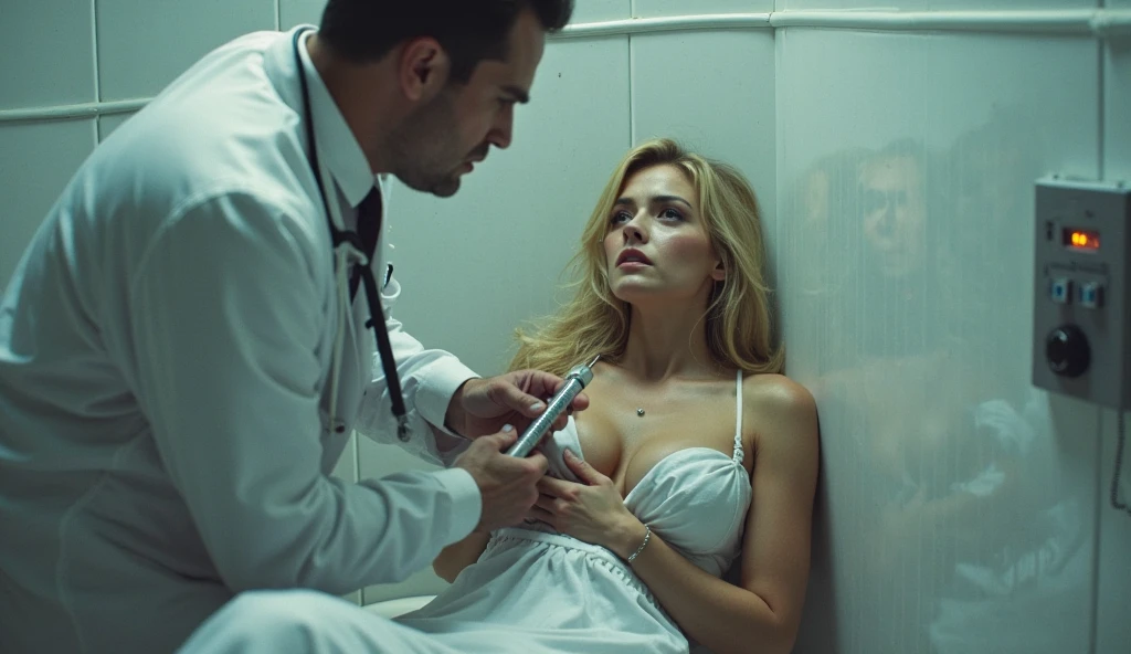 wearing a dress now a prisoner of a evil scientist the male evil scientist her hair graying her long hair now graying she has a curly hair hairstyles hairstyle wearing a Lingerie and she is aging because the male evil scientist standing next to her is given her a injection that is aging her up she looks like she is in pain and she screaming in pain and she is in a lab tied up to a chair holding a white board with text " my life force will go to the poor" and showing it to the viewer
