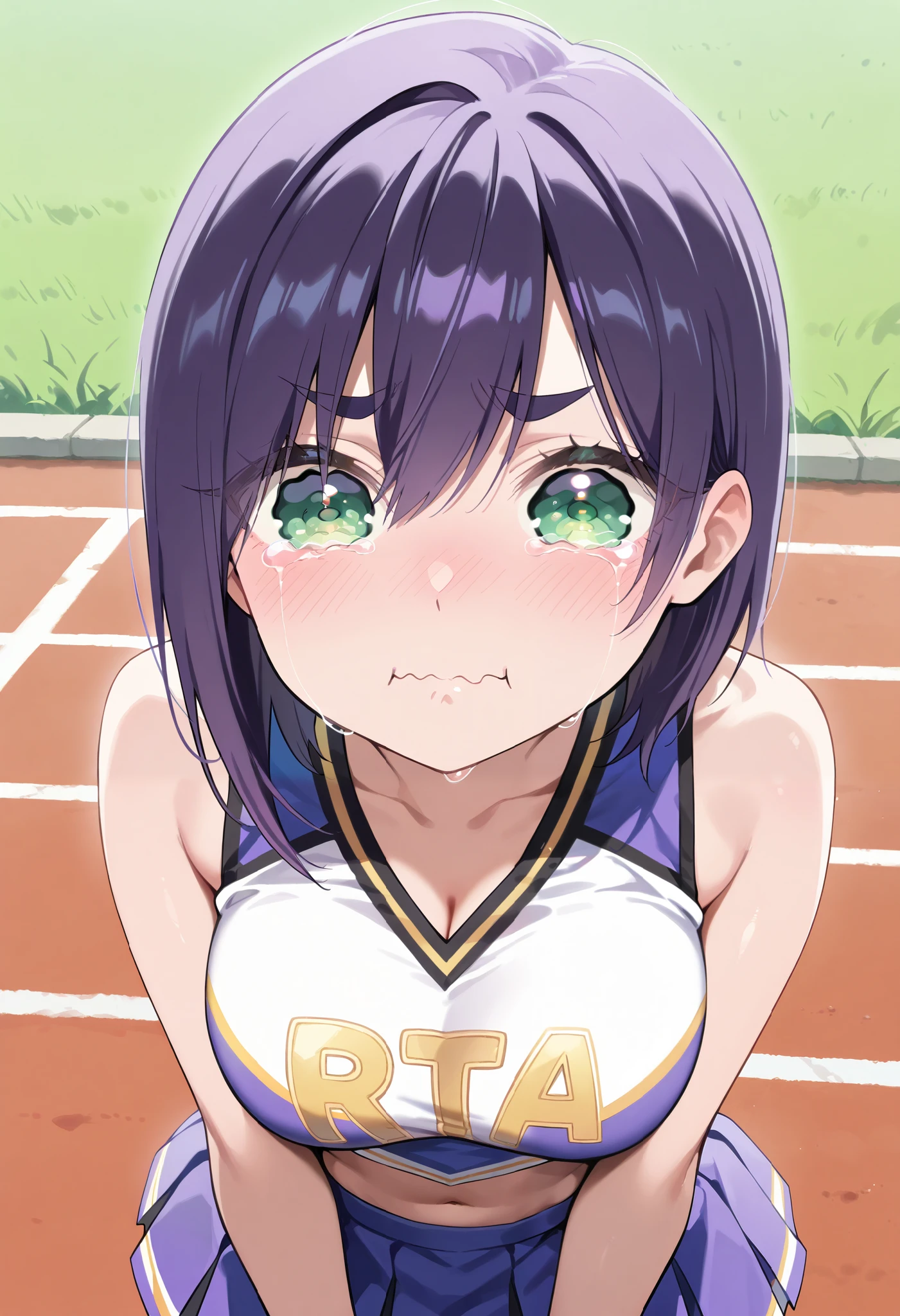 masterpiece, best quality, amazing quality, very aesthetic, absurdres,
EBKurumi, 1girl, solo, short hair, purple hair, thick eyebrows, green eyes, medium breasts,(aged up:1.2),
cheerleader outfit, ultra-short pleated skirt, crop top,crying aqua, crying aqua (meme), crying, tearing up, tears, wavy mouth,RTX body,focus face:1.8,close-up, looking at viewer,