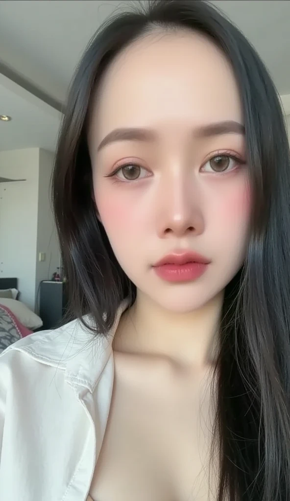 (realistic、masterpiece、Best Quality、8K、highres、high resolution:1.3)、1 girl、Big breasts、white bikini、looking at viewers、super fine face and eyes、long hair、 in bedroom、sit on the bed、exposed cleavage、upper body、