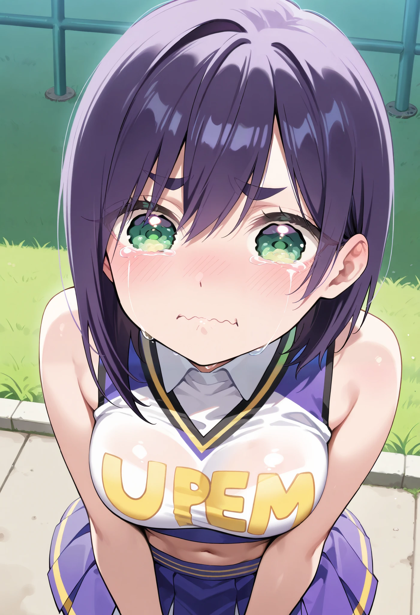 masterpiece, best quality, amazing quality, very aesthetic, absurdres,
EBKurumi, 1girl, solo, short hair, purple hair, thick eyebrows, green eyes, medium breasts,(aged up:1.2),
cheerleader outfit, ultra-short pleated skirt, crop top,crying aqua, crying aqua (meme), crying, tearing up, tears, wavy mouth,uper body,focus face:1.8,close-up, looking at viewer,