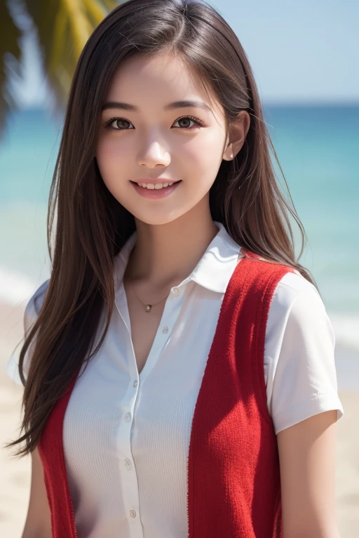 ( RAW photo:1.2), ( Photorealistic:1.4),(Masterpiece:1.3),( best quality :1.4), 超 high resolution , high resolution,8k, ( extremely detailed illustrations ), 1 girl, detailed beautiful face, young girl, Long Curly Hair,smile,Alone, Watch Your Audience, clear background , on the beach , red vest with decorations , natural light,( see-through silhouette ), 