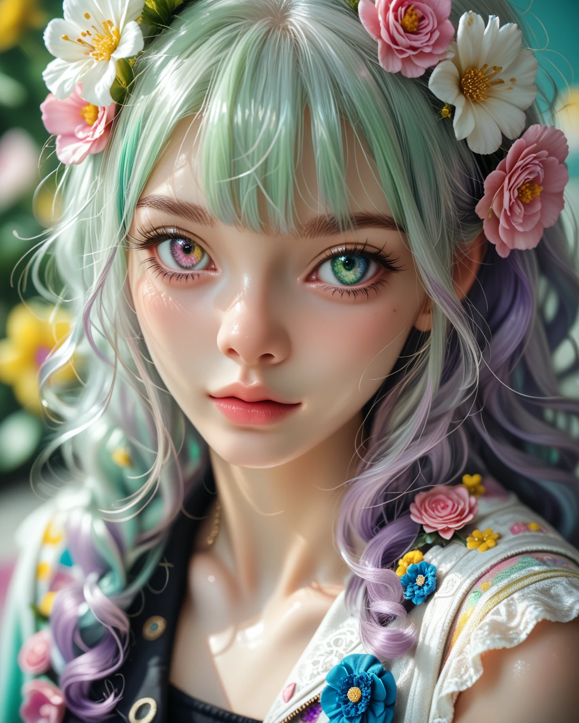 1girl,blue eyes,green hair,rose, camellia,daisy, freckles,  portrait, petals, tulip,(background full of flowers) ,(face close up),(Open eyes),(vibrant colors),(spring:1.5)
