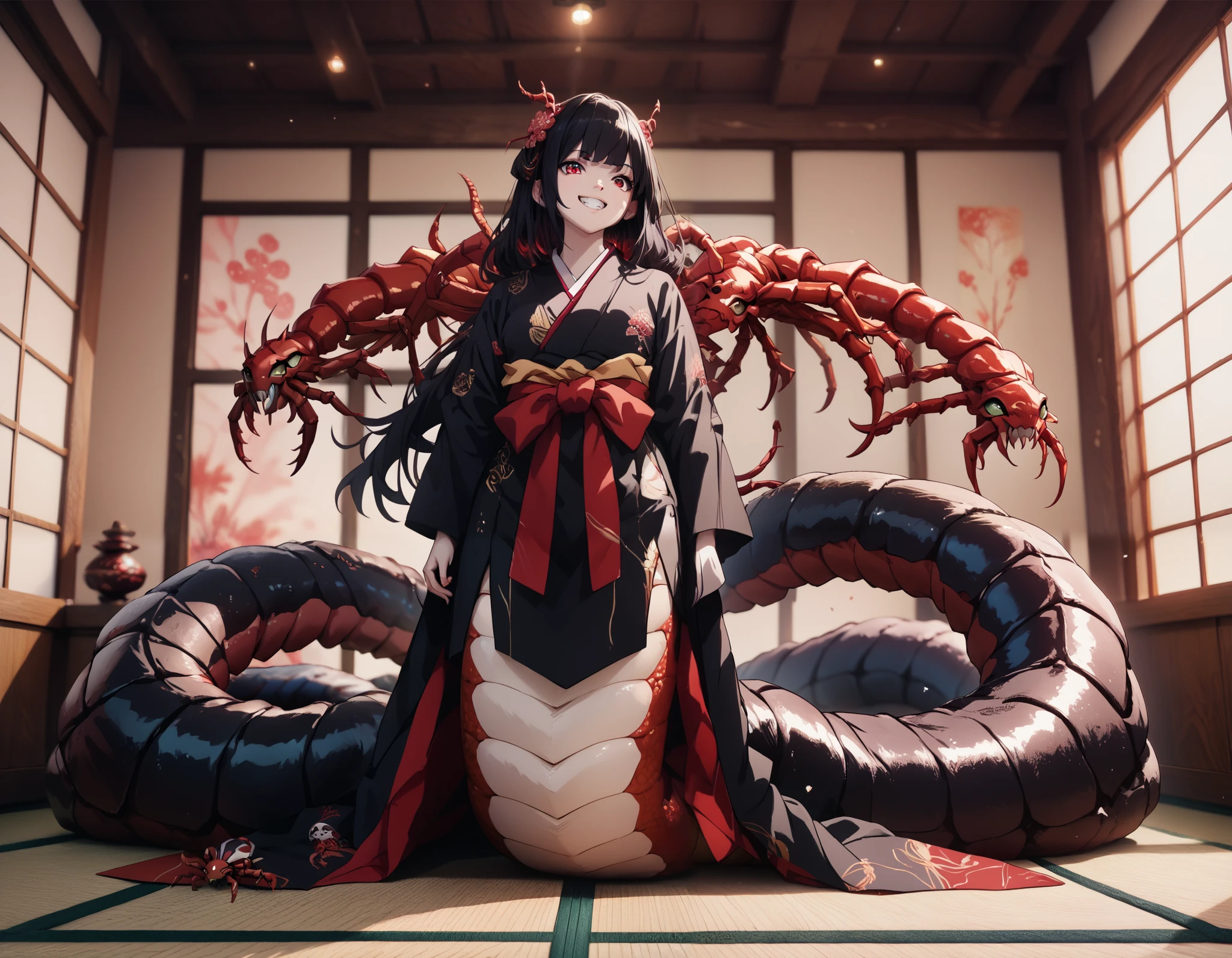 Lamia style girl. Fusion with a centipede. Black centipede body. Red insect legs. giant. Black costume. Japanese kimono dress. Red eyes. Black hair. Straight hair. Neat bangs. Grin. White skin. Japanese house. Indoors. look up.