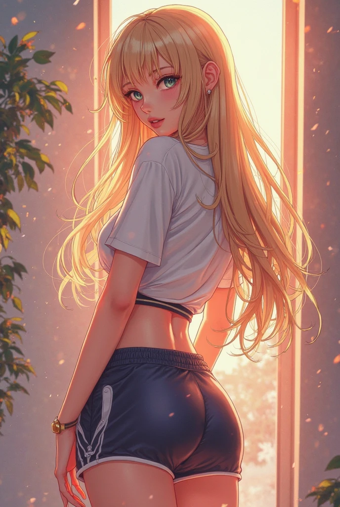 (1girl, solo), (hands under the chest:1.1), (back view), soft sun light, sexy, erotic, lewd, hentai, perfect face, detailed face, elf, perfect hentai body, huge , , very long hair, princess, tight shorts, tight top, shy, lots of details, ultra sharp, ultra detailed, colorful
