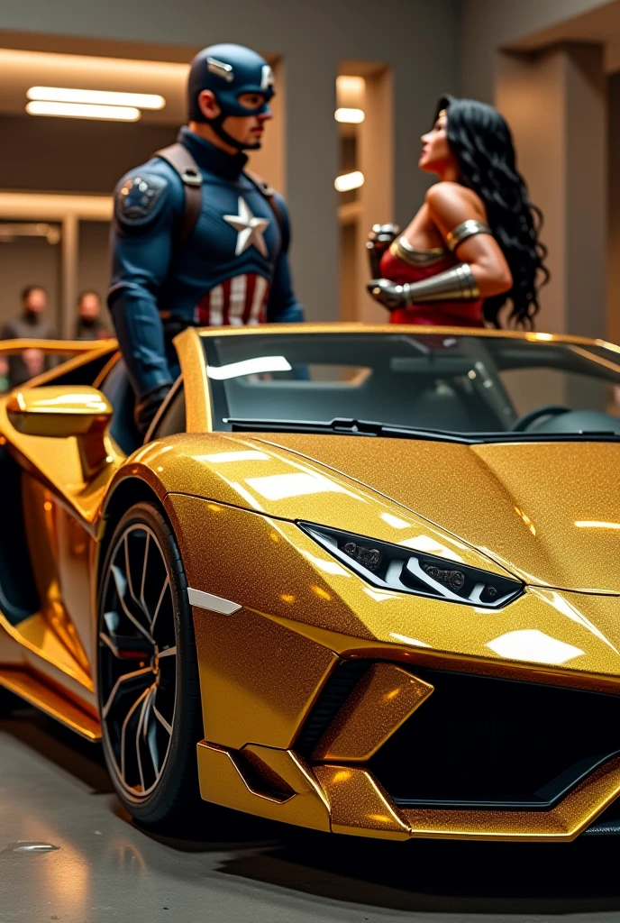 African male bruce Wayne, two sexy African women, batmobile, gold jewelry, in gotham city, sports cars, dreads, black silk suit with gold trim.