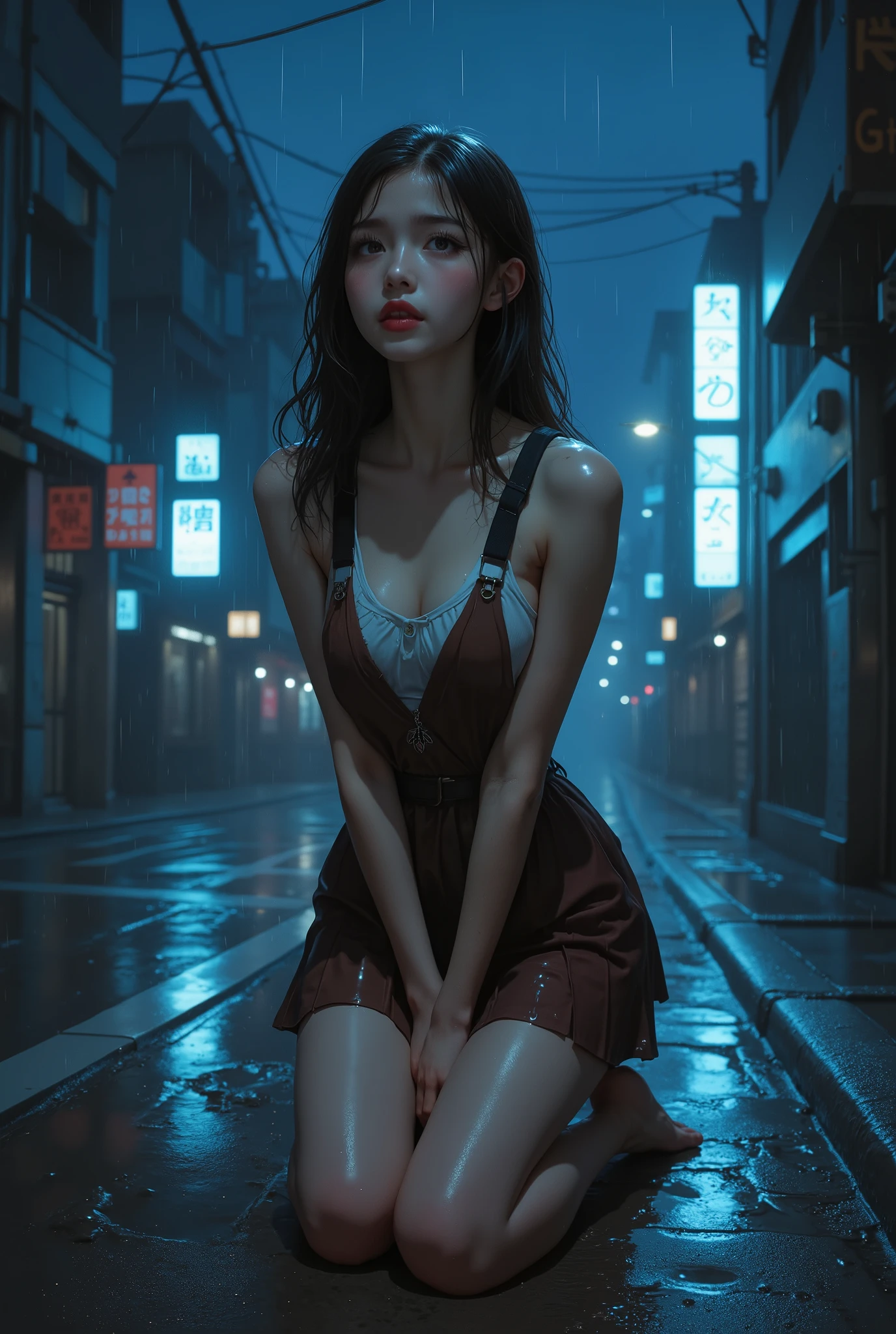 ((woman sitting on thw street)), Realistic, Best Quality, (((black classic suit: 1.5))))), Full body, (big breasts), (25 years old), ((White laces: 1.5)), (Chest dew: 1.9)))), ((Full body soaked: 1.8))))), ((((Open legs: 1.6)), ((night time:1.3)), dynamic lighting, intricately , volumetric lighting, trending on Artstation, warm colors, ambient occlusion, 8K resolution, depth of field, ((Unreal Engine 5: 1.2)), ((glowing neon: 1.4)) ((master piece: 1.6)), (((perfect anatomy: 1.7)))
