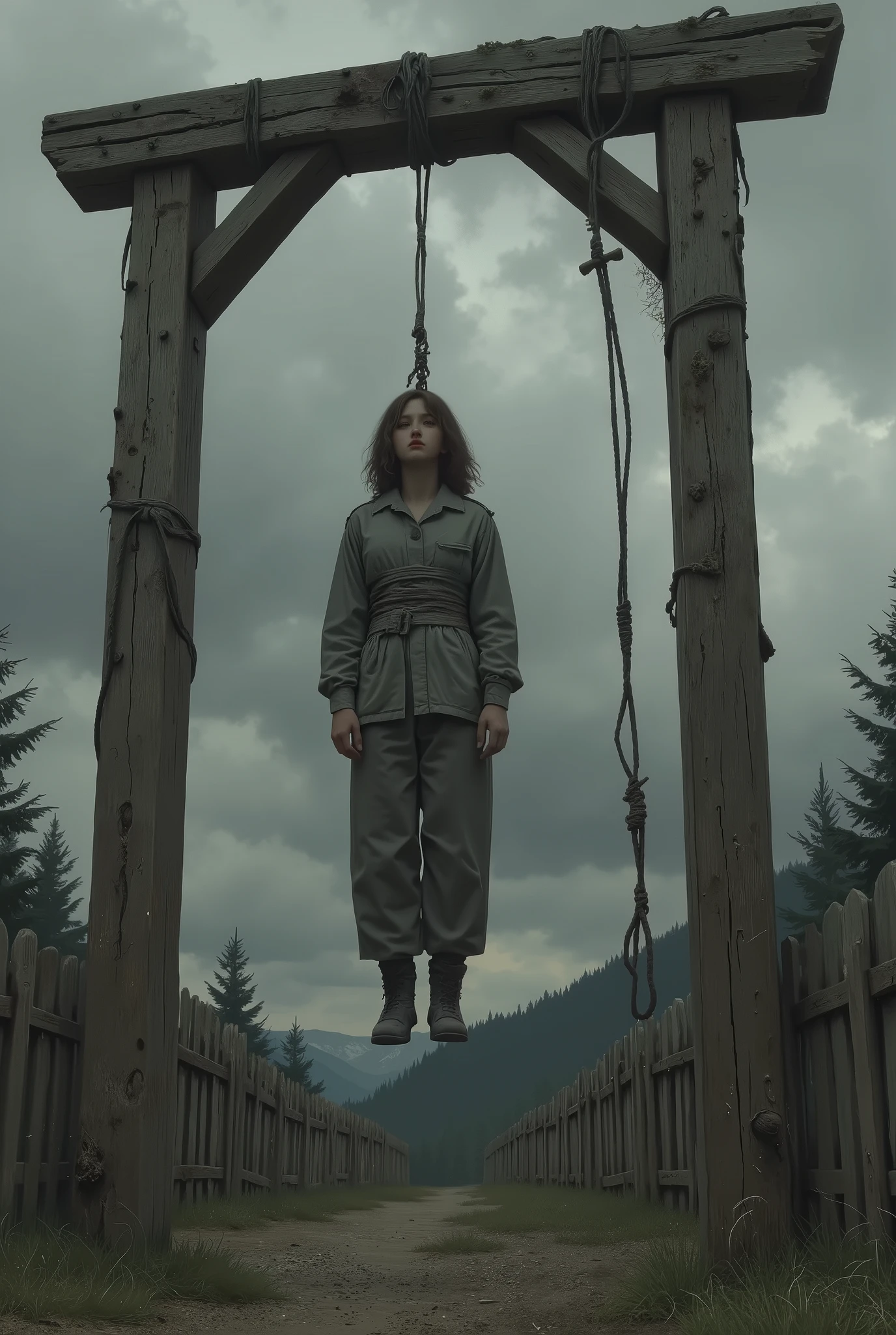 ((Eastern European mountainous region in the early 20th century、is executed)、(((Public execution as a show、hanging herself on a gallows outside in a cloudy sky、He is wearing a dirty gray prisoner uniform and is tied around his neck with a sad expression)))、(The girl is held by both sides by a male guard、Realistically and accurately depict the state of execution)、((A realistic and accurate depiction of a beautiful girl being hanged and executed at the gallows、Heavy Atmosphere、Tension、 、 hopelessness ))、(((gives an overall picture of how a large number of spectators gather and be executed in public))))