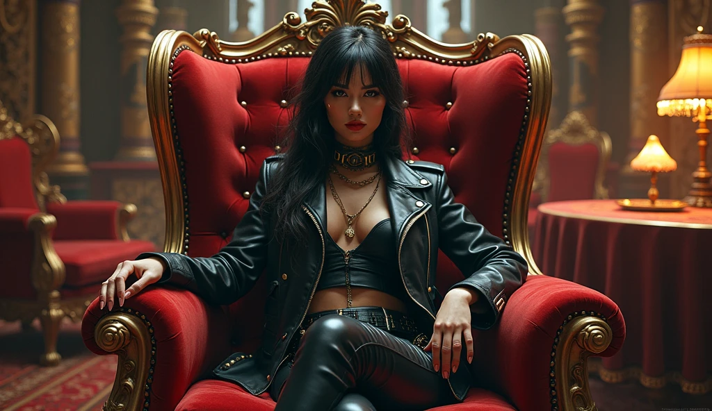 In the image, a woman is seated on a throne-like chair with high backrests and armrests. She has long, wavy hair that cascades over her shoulders and down her chest. Her makeup is dramatic, featuring dark eye shadow and lipstick that enhances her vibrant expression. She is wearing a black bodysuit with cutouts revealing her midriff. The bodysuit has a high neckline and long sleeves, giving it an edgy yet elegant look. A zipper runs down the center of the suit, adding to its avant-garde design. The background is dark, providing a stark contrast that highlights the woman and her throne. The lighting focuses on her face and upper body, casting shadows that accentuate her features and the intricate details of her outfit.