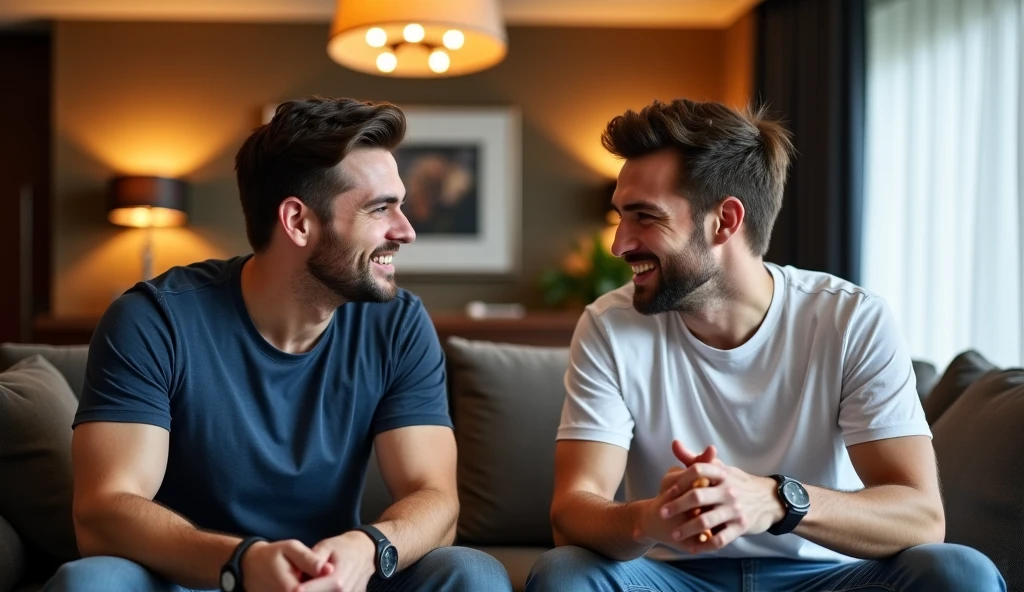 There Three male friend two friend are setting on sofa one friend are cleaning room