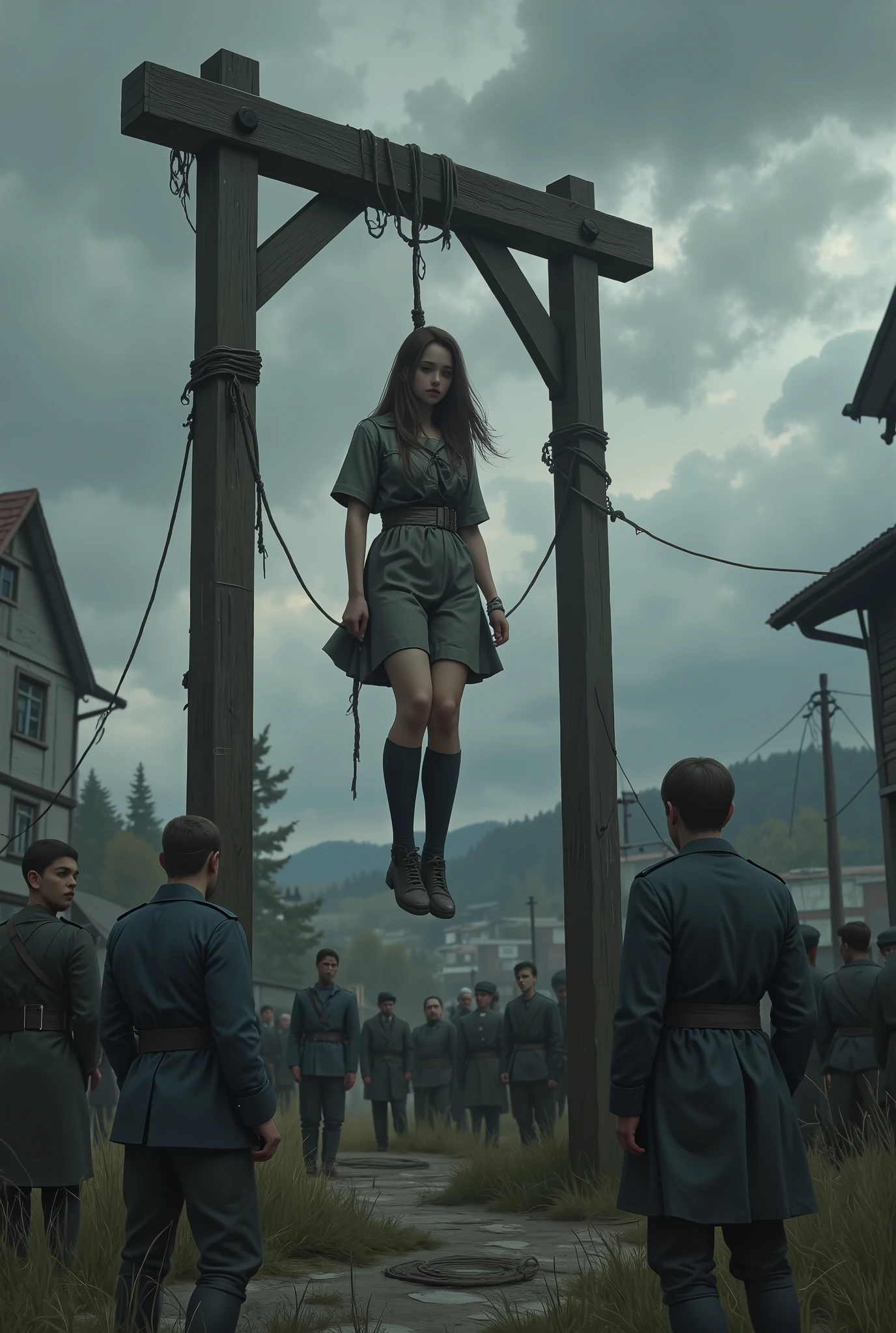 ((in the mountainous region of Eastern Europe in the early 20th century、is executed)、(((public execution show、hanging from the gallows outside a cloudy sky、wearing a dirty gray prisoner、tied around the neck with a sad expression)))、(the girl is held by a man's guard from both sides、it depicts realistically and accurately the execution scene)、((depicting a beautiful girl realistically and accurately, and she was hanged、executed on the gallows、 Heavy Air 、 Tension  、 、 despair ))、(((the whole image of a beautiful girl being executed by gathering in public to be executed Draw It's、(首にropeを巻いてる、rope、  hanging :2.0)、))))