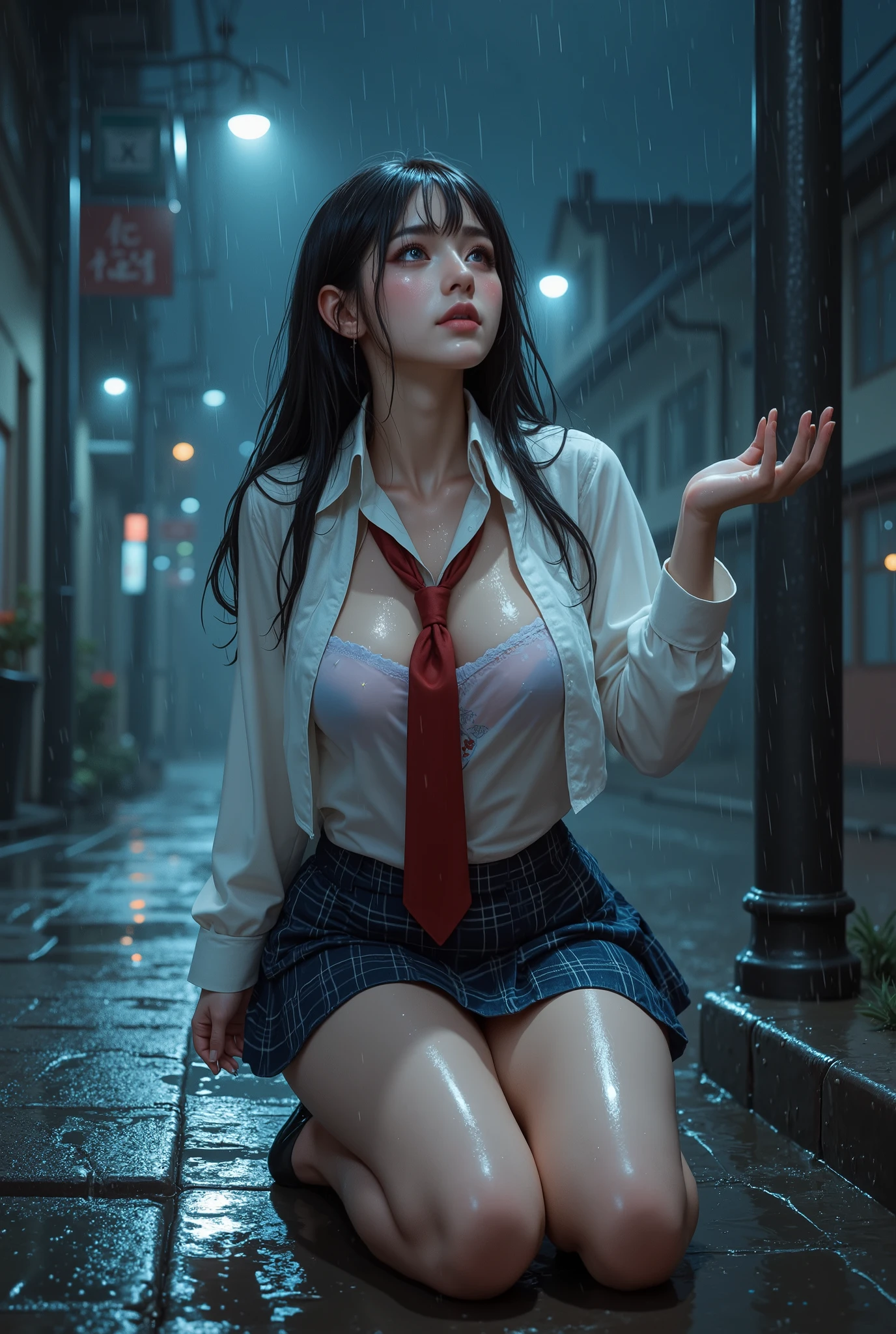 (RAW shooting、photorealistic:1.5、8k、best image quality、masterpiece、ultra high definition)、(Perfect Dynamic Composition:1.2)、Night Street Corner、looking up at the sky:1.3、(Kneeling on the street)、Highly Detailed Skin and Face Textures:1.2、 slim schoolgirl wet in the rain :1.3、sexy beauty、perfect style:1.2、Aesthetic and beautiful 、 white skin、very beautiful face、(Rain dripping all over my body:1.2、wet hair:1.4、wet hair:1.2)、Water drops on skin、(Mid-chest、 chest gap)、(Shy Laughter、expression when feeling intense caress、Expression of pleasure)、(Beautiful Blue Eyes)、 perfect body、 perfect fingertips(電車の座席に座っているgirl)、top qualityの作品、Live-action film、Ultra Premium Graphics、8K HD CG Works、 High Definition Graphics 、High-definition CG works、10x pixel、 Ultra Fine Details :1.1、Advanced Technical Details:1.1、photorealistic、室内Lighting Effects:1.5、natural light:1.5。Lighting Effects(Virtual Lighting Effects:1.8)、(thin eyebrows)、(high nose)、(Beautiful red lips)、(Rose Cheek)、(Subtle makeup face)、(girl)、(cute face)、(perfectly balanced face)、(Light-toned foundation)、(Enhance skin clarity)((off shoulder、Translucent Wet White Blouse、loose red tie、 navy blue check skirt )).(Wet light blue bra、ピンクのNipples)、standing on all fours on the street、Heterochromatic eyes、銀髪のgirl、off shoulder壁紙HD、(Nipples))、(Puffy eyes:1.2)、( Read more)、(Light on face and chest)、((((under bob))))、Underbab、脂sex肌、in the garden、(The underside of the chest is slightly visible)、 (Underbabが見え、Belly button and ribs visible)、Visible hips and lower abdomen、 40k、pictures、on the table、top quality、 rain background、((明るい髪のgirl、 she has a beautiful face 、 I'm wearing glasses、sex、(sleeveless)、(skirt that flutters in the wind)、(full body shot)、(long legs)、(high heels)、side、 to my armpit tongue腕、Protogen、side、(Show the side)、sleeveless、Upper armsを見せる、Upper arms、 to my armpit tongue、(under bob))、(you can see the lower part of the chest)