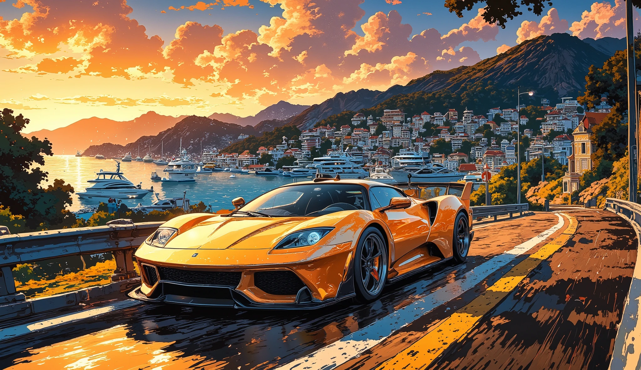 A dazzling gold sports car speeds along the winding roads of Monaco, hugging the curves of the Monte Carlo coastline. The backdrop features luxurious yachts and towering glass skyscrapers reflecting the setting sun. A dynamic camera angle captures the car mid-turn, with sparks flying as the tires grip the road. Motion lines and a heatwave distortion effect in the air enhance the sense of high-speed racing.