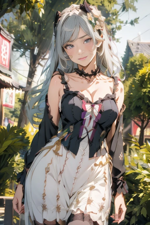 Silver hair, pink eyes, body, cat ears, adult girl, earrings, flower background, green gold top and skirt, hair bows, happy face, thigh up 