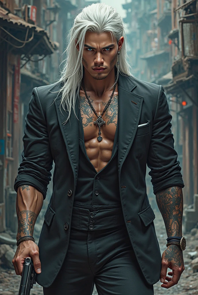 Image of a muscular young ghost king, no beard no mustache , with intellectual glasses, light eyes, hair flying in the air, white hair, slim sexy body, no shirt, tattoos on the.chest with tight jeans