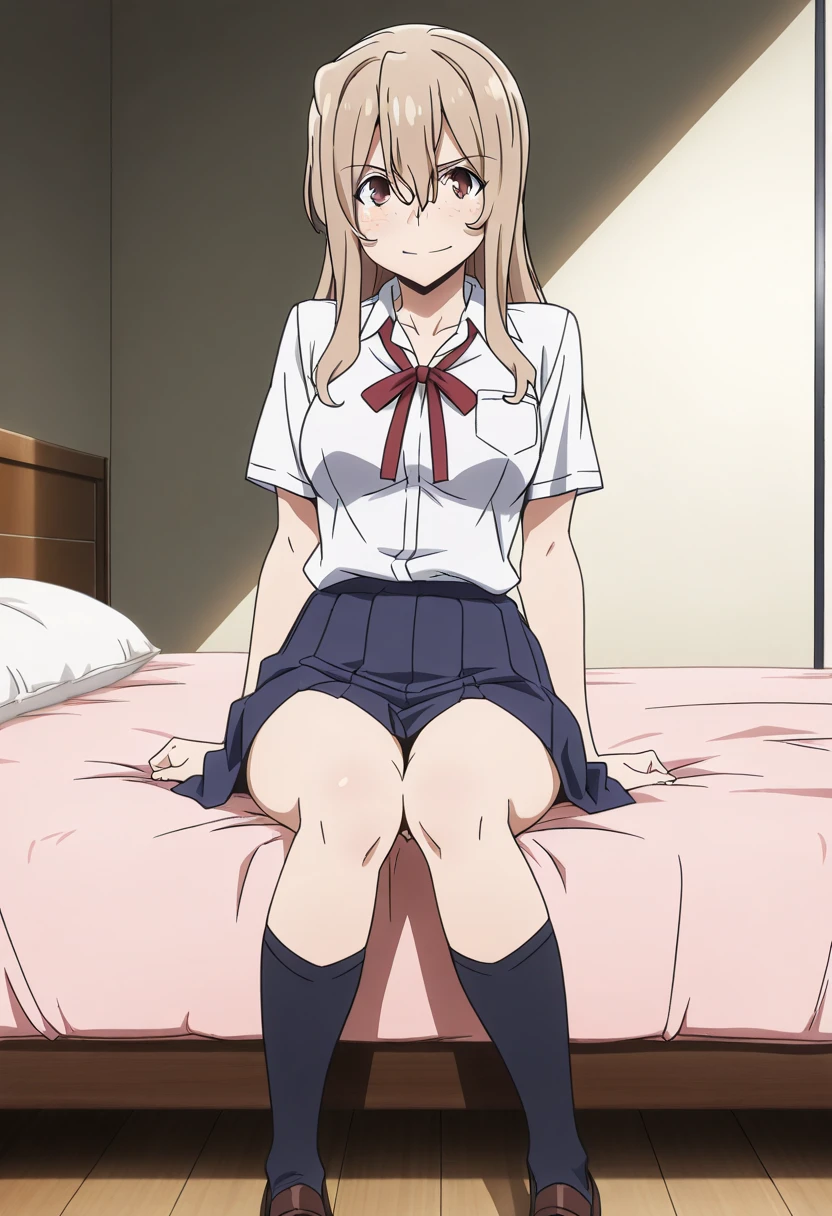 best quality, high resolution, 8K, anime art style, beautiful detailed eyes, extremely detailed face, soft expression, stylish pose, Angelica V4,1girl,solo,red eyes, (collared shirt, white shirt, miniskirt, panties,classroom, cowboy shot), looking at the audience, in the center of the image, beautiful large medium-sized breasts, beautiful face, slim waist, appealing, soft lighting,Crossing your legs, Sitting,tights