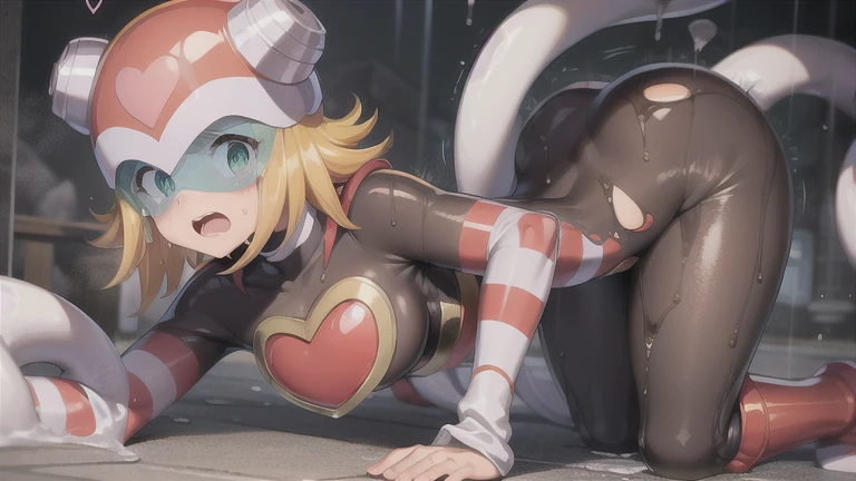 (highres, high quality:1.2), cinematic lighting, anime coloring, Moena, 1girl, solo,full body, close-up, back view, night, moonlight, bloom, epic complex background, stifled laugh, crawl on all fours, doggy style, twintails, brown hair, detailed face, helmet, (visor \(armor\):1.3), heart collar, corset, topless, elbow gloves, garter straps, thigh boots,large breasts,nipples, panties, tattoo, wet, piss<lora:MoenaAngelBlade:1>