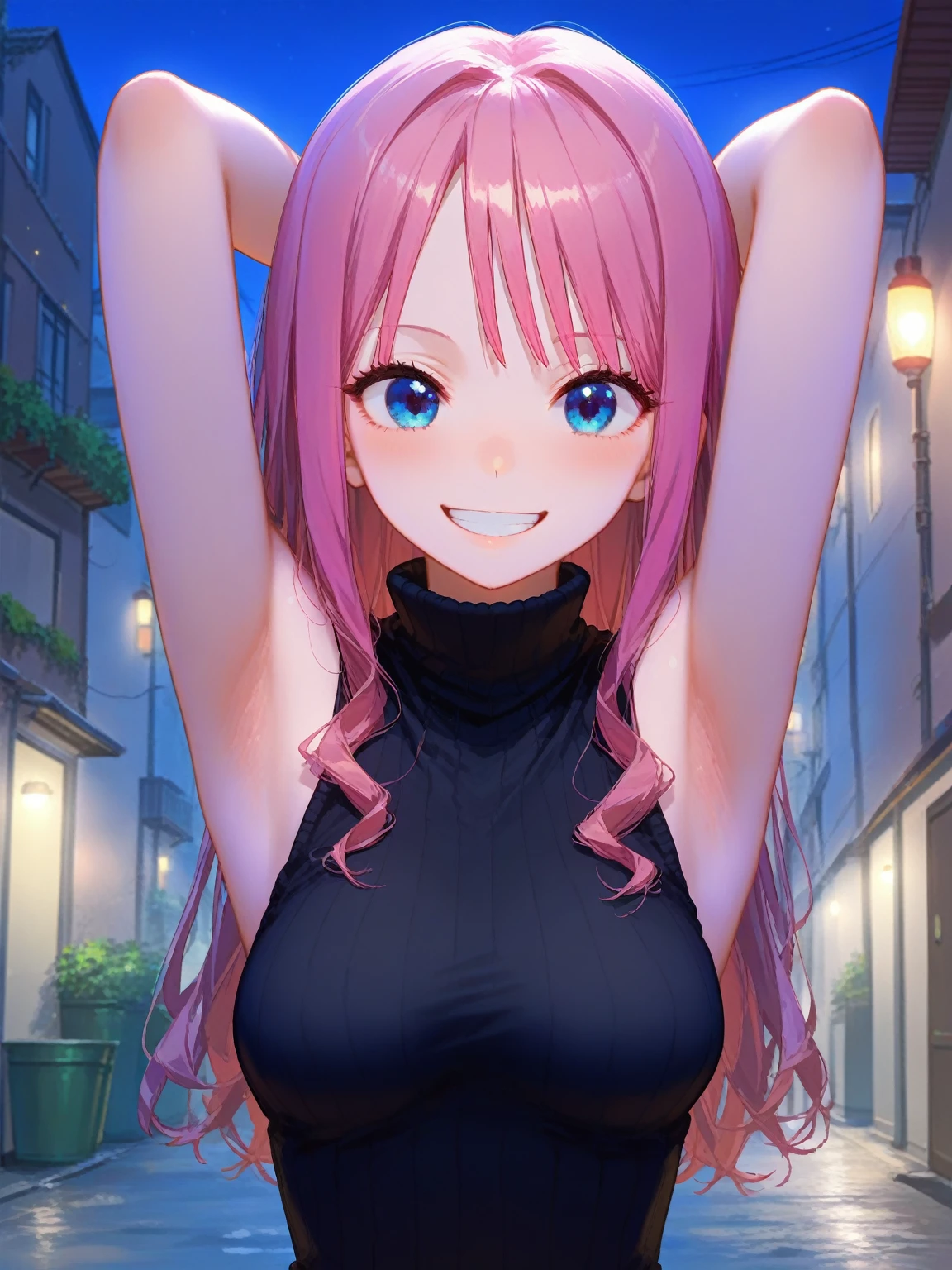 One girl, Shikimori-san, Pink Hair, Long Hair, blue eyes, Hair between the eyes, bangs, blush, compensate, smile, chest, Black sweater, Bare shoulders, No sleeve, skirt, View your viewers, Show your belly,belly button,Kissing Face,masterpiece, Highest quality,In town,