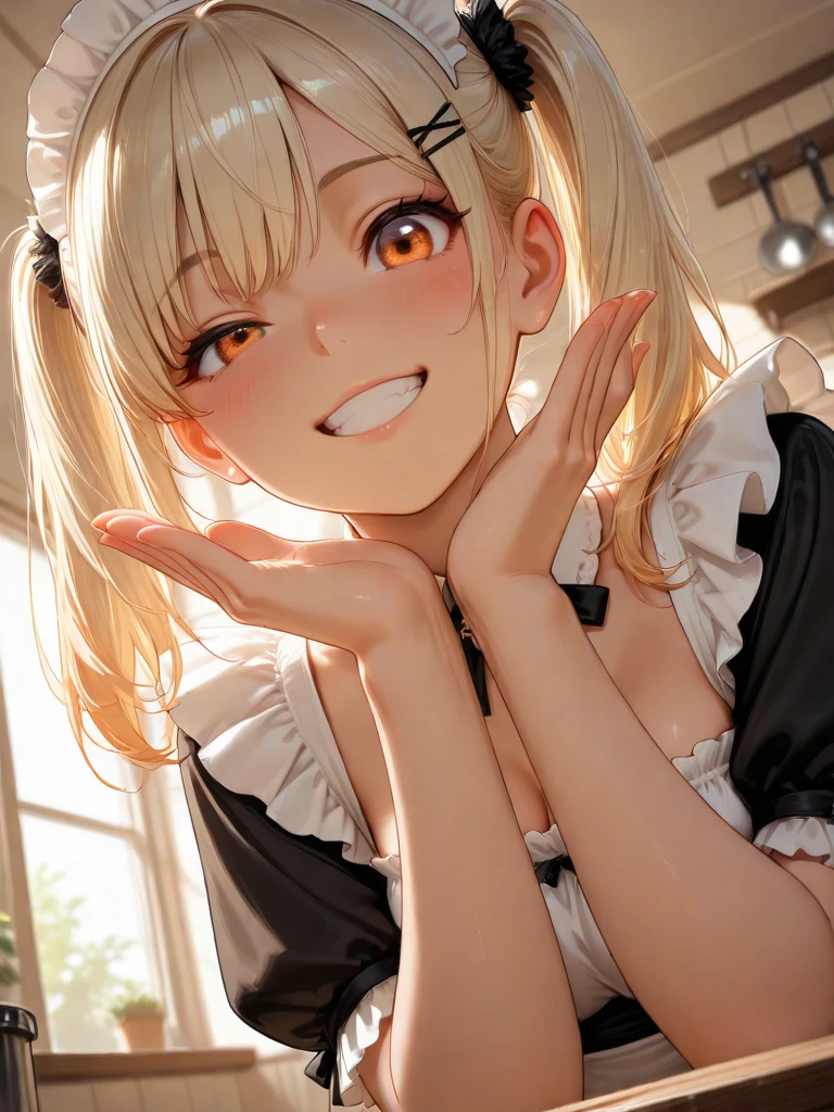(anime style),masterpiece, best quality, extremely detailed,10Year old,tanned skin,dark skin, Beautiful body,BREAK,multicolored colorful blonde hair,short hair,hair slicked back,wet body,BREAK,black eyes,happy smile,open mouth,out tongue,eyes widen,happiness
smile face,detailed lips,BREAK,cotton black big ribbon,BREAK, Black wide camisole,striped shorts,off shoulder,frilled clothing microskirt,break,head tilt,face down pose,in the Gothic room,stomac down