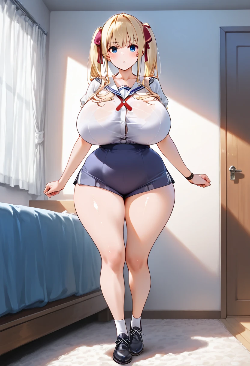 art by kipteitei, 1girl, work clothes, bursting out of clothes, large breasts, large belly, chubby (best quality, masterpiece)