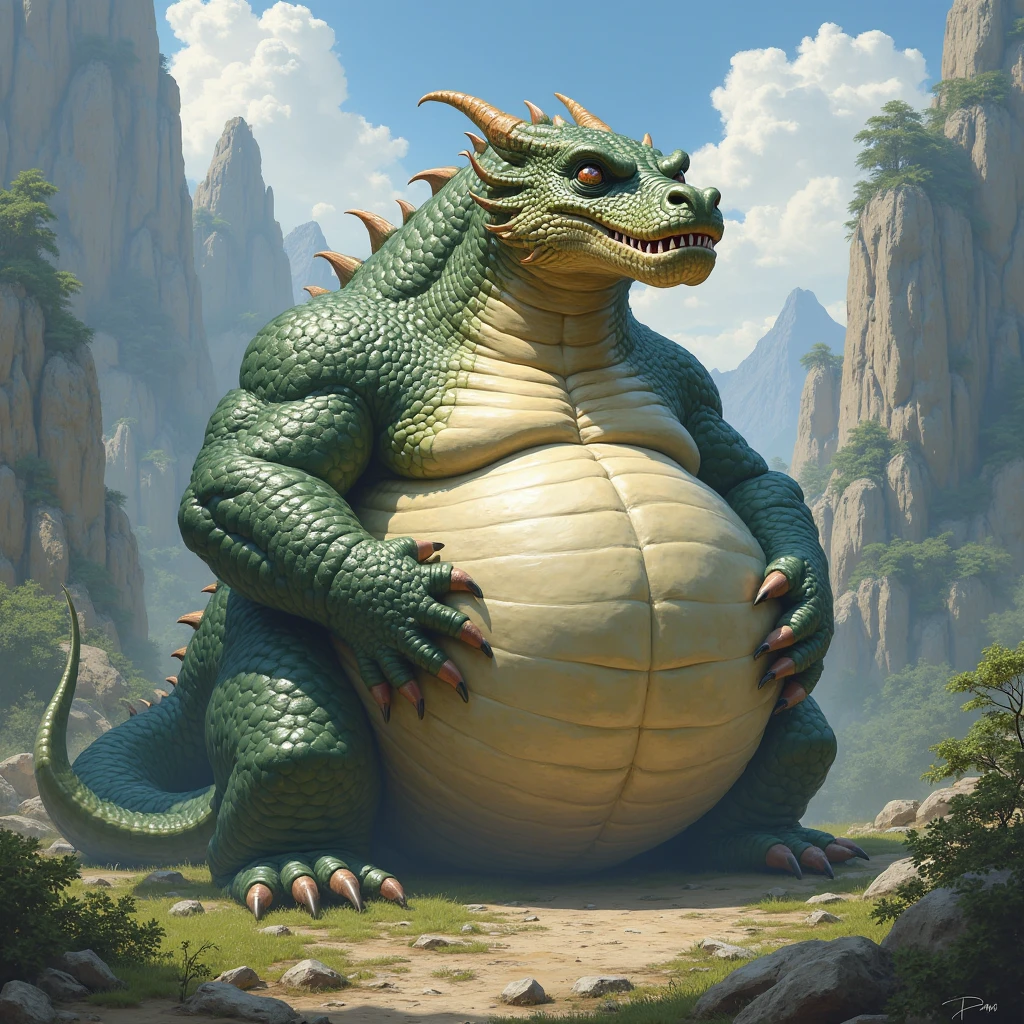 Very Obese green Dragon、, yellow and green crocodile-like scales、Composition looking up from diagonally below abormally obese abdomen、A fat underbelly that spreads to the ground、reaching arm towards screen, Abnormally obese abdomen、Very obese face、Abnormally fatty neck、A belly as swollen as a mountain、toothy grin, A body that fills the screen、Background of a castle throne room, view from above,