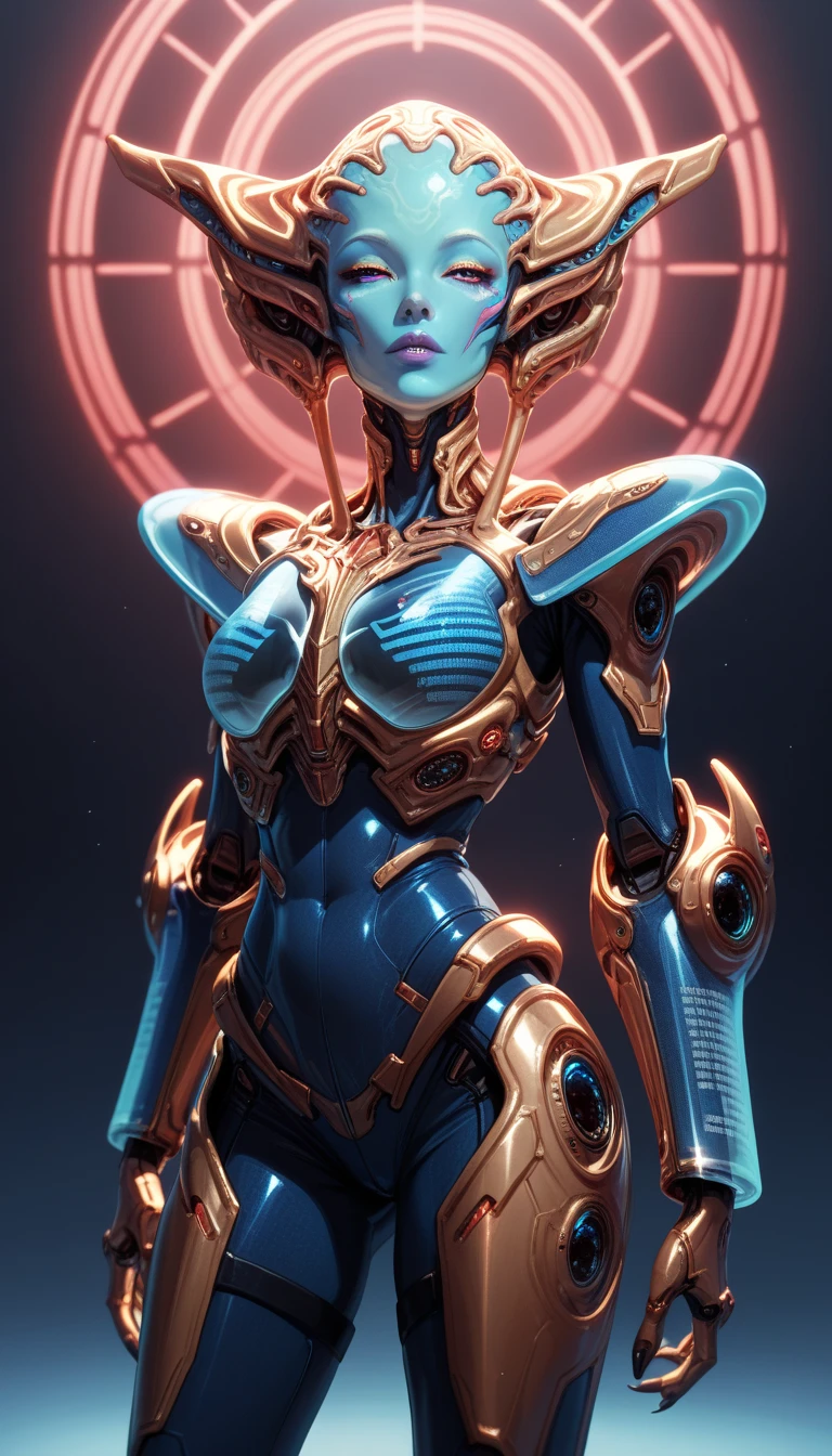 Intricate Extraterrestrial Creature, Alien Being, ((Non-Human)), Advanced Alien, colorful skin, ((Futuristic Holographic Armor)), ((fully clothed, detail focus)), Seductive Alien technology