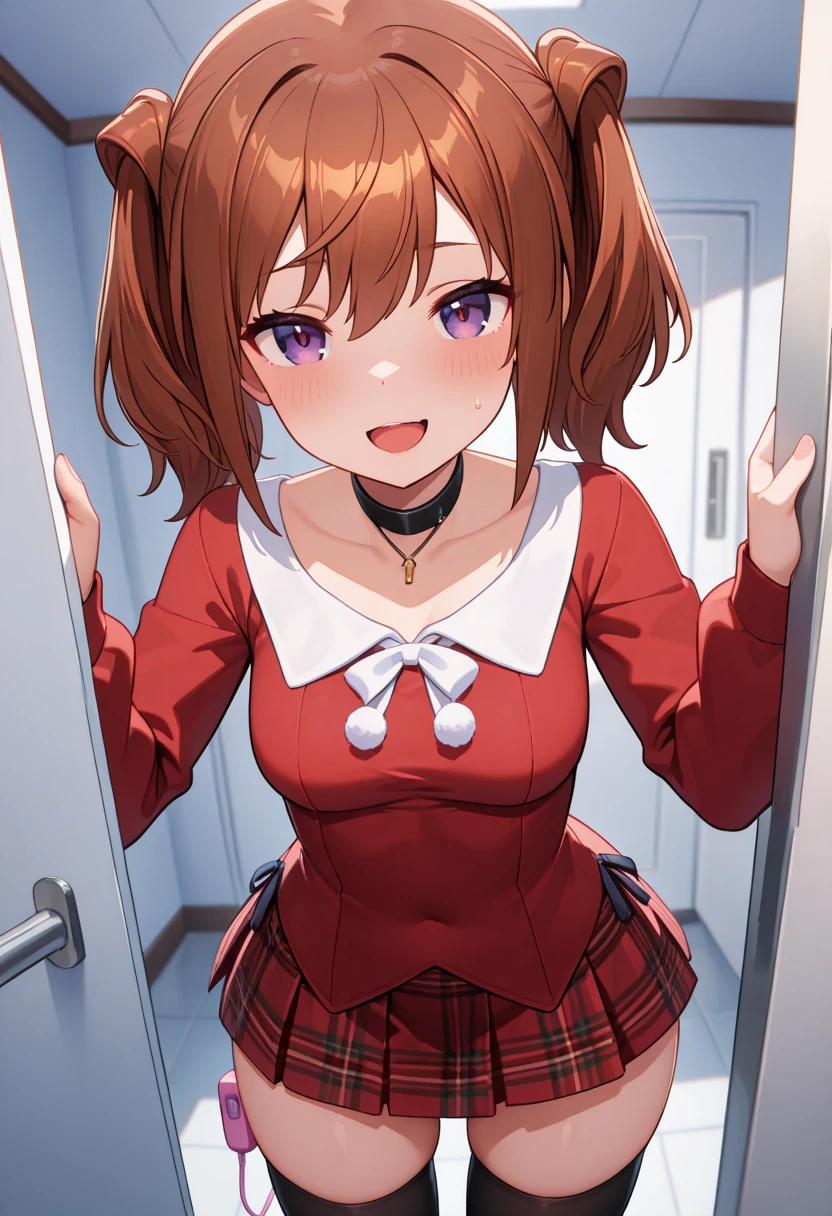 (masterpiece, best quality, high resolution), 1girl, kawaiimunichan, smile, open mouth, long sleeves, dress, holding, jacket, braid, :d, open clothes, indoors, hair bun, white dress, solo, spread pussy, standing,spread regs,  hands on own pussy ,nsfw